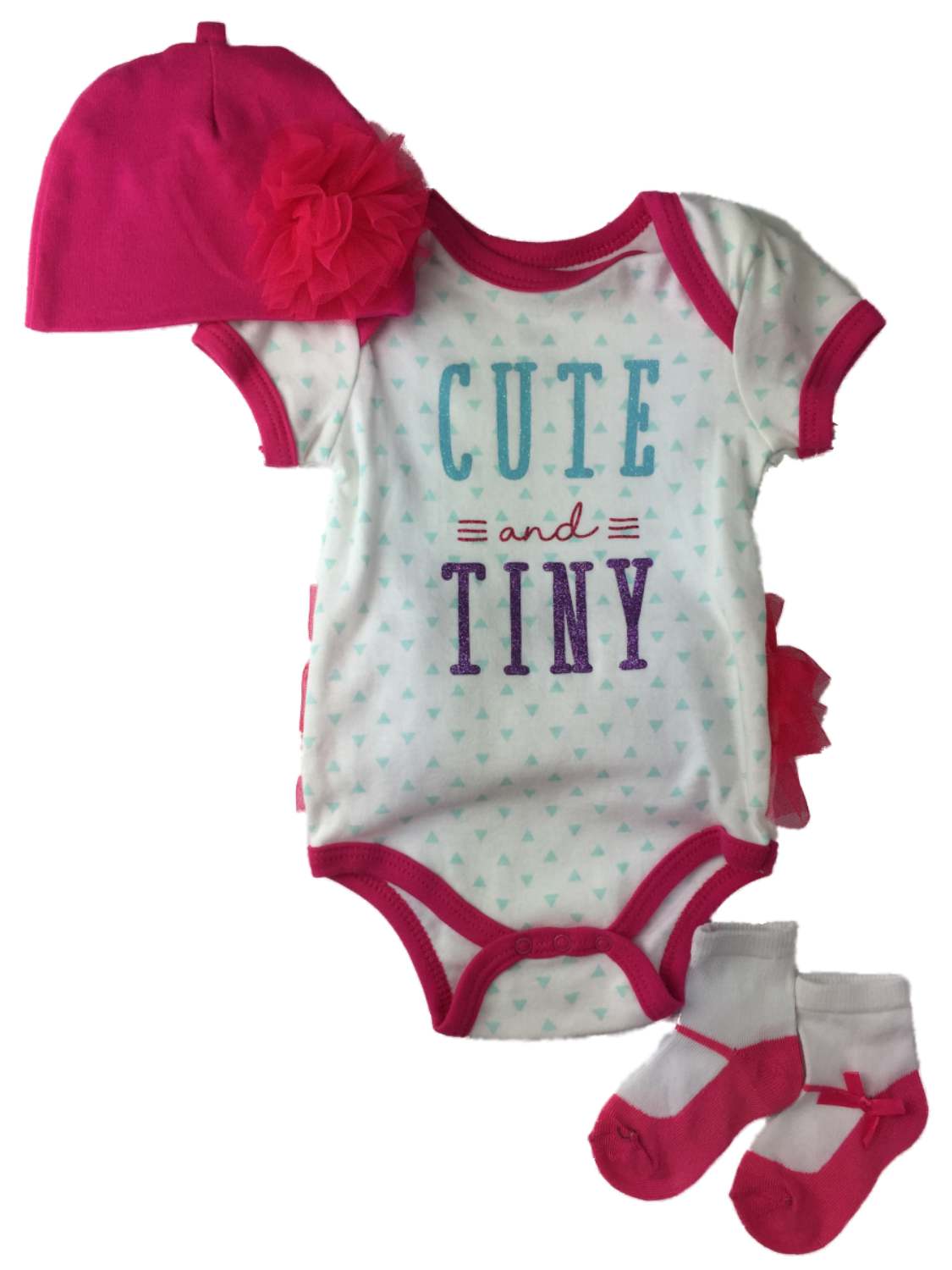 Wee Play Infant Girls Pink Glittery Cute & Tiny Bodysuit Beanie & Socks 3 Piece Outfit