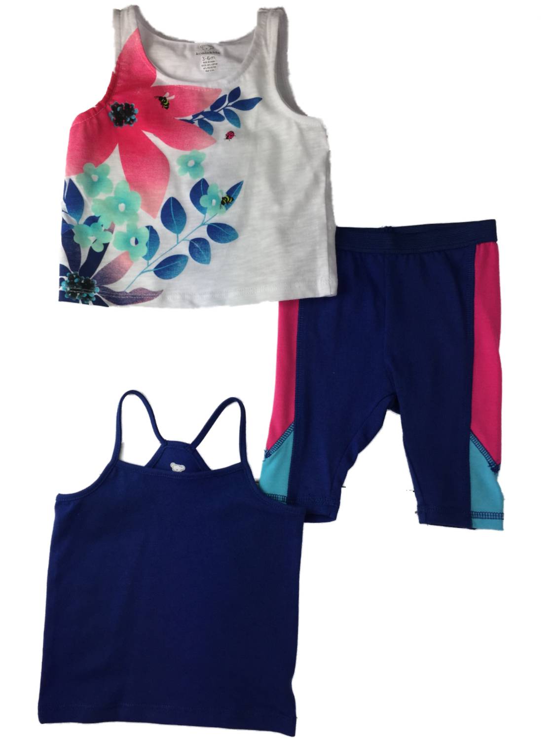 koala kids Infant Girls Pink Blue & Navy Tropical Floral Outfit 3 Pc Tank Top Shorts Outfit