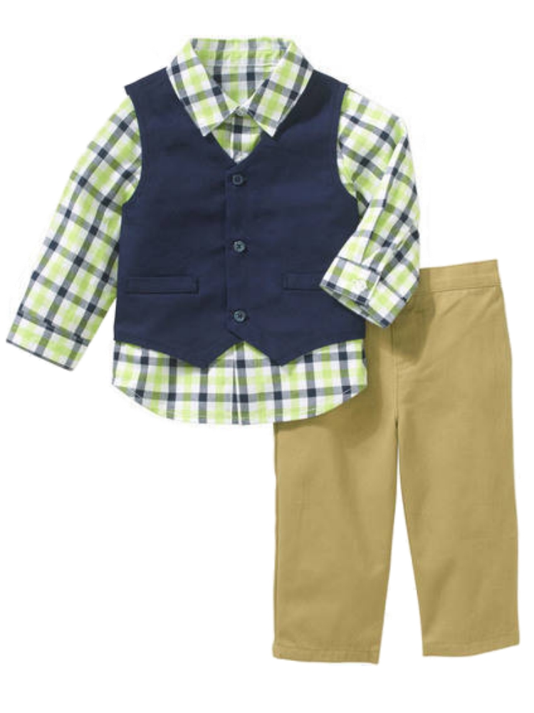 GEORGE Infant Boys Blue &Green Plaid 3 Piece Dress Up Vest Outfit with Khaki Pants
