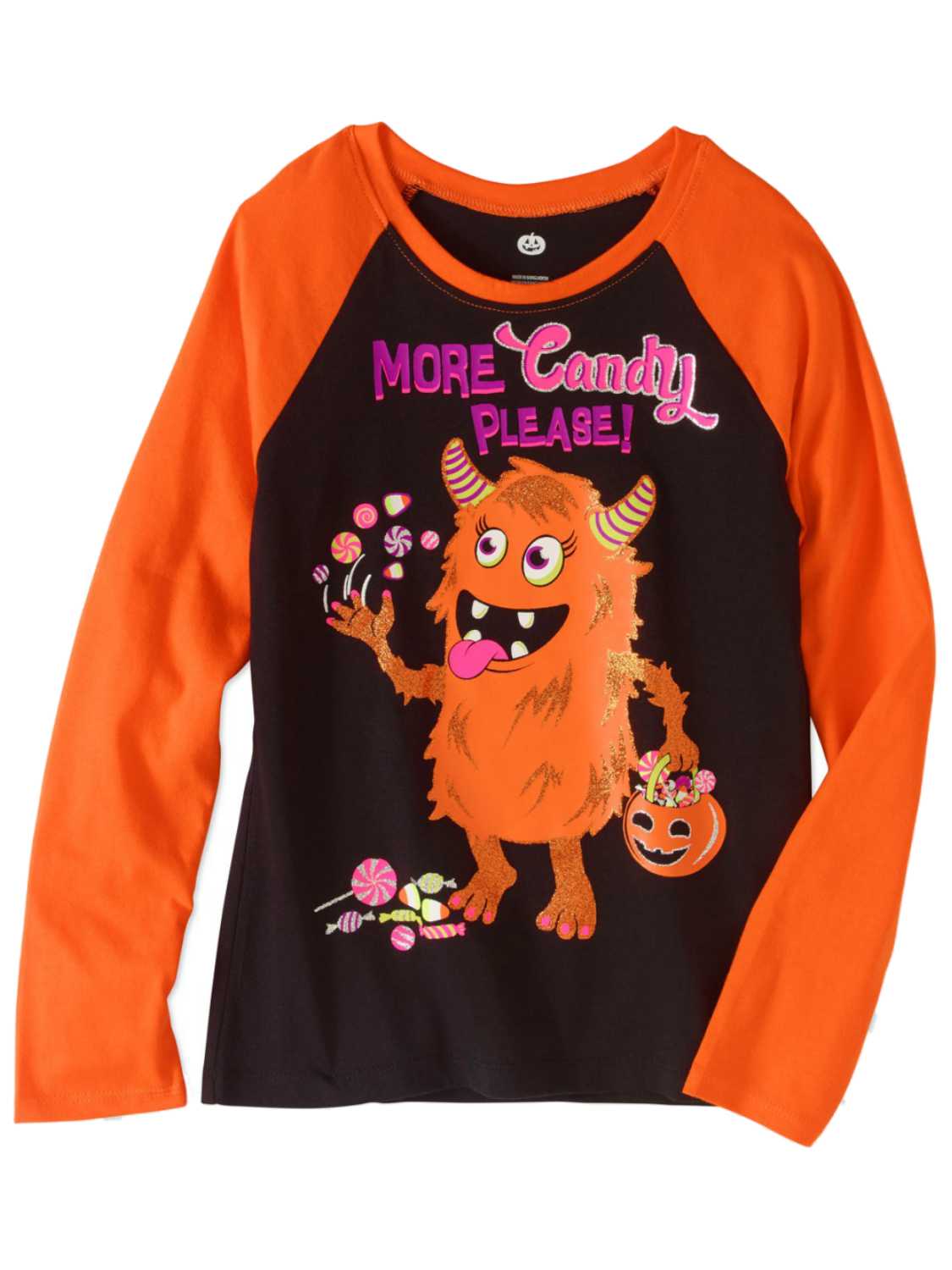Pumpkin Girls Black & Orange Glitter More Candy Please Halloween T-Shirt Monster Tee