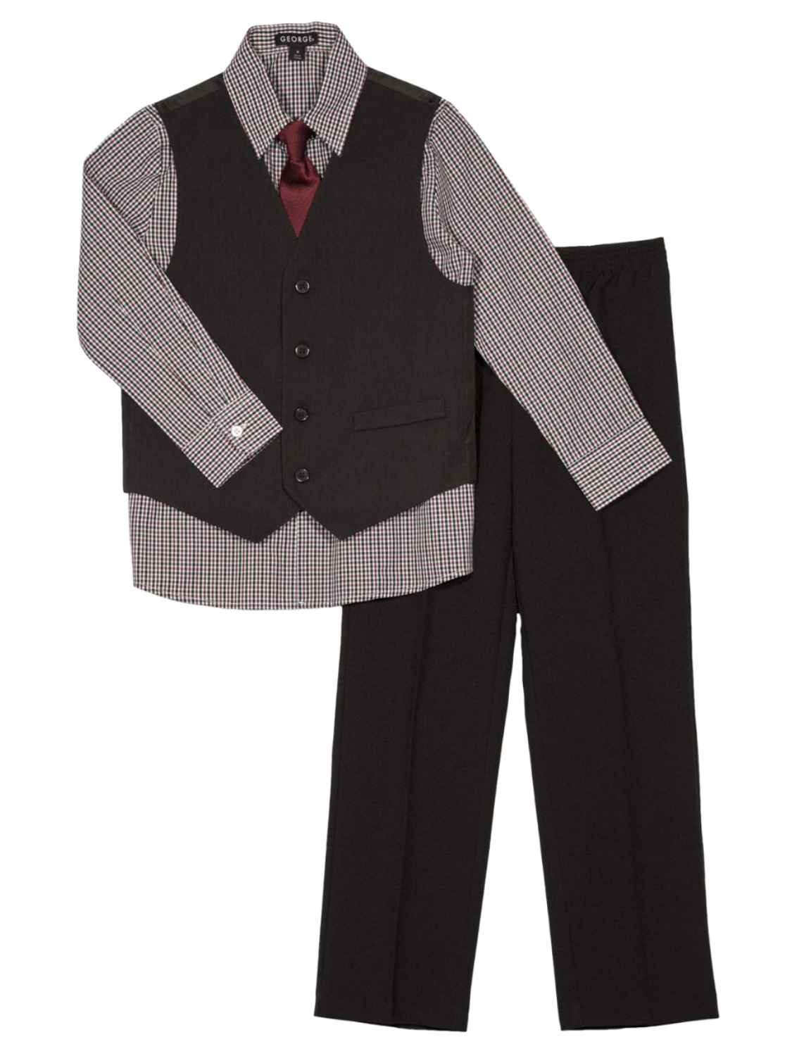 George Boys 4 Piece Suit Black Red Check Dress Up Holiday Outfit Vest Tie Set 4