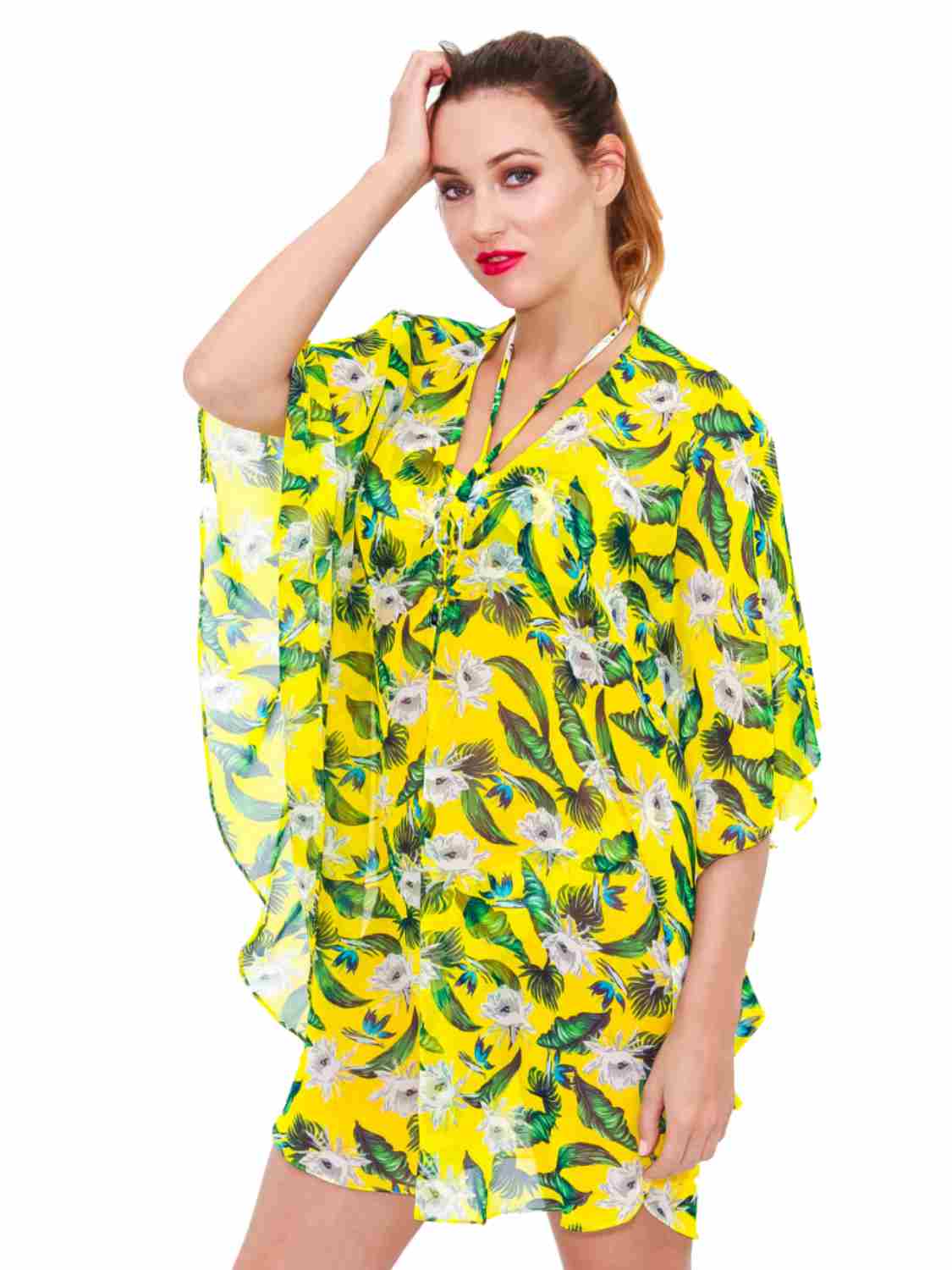 La Moda Womens Semi-Sheer Yellow & Green Tropical Floral Print  Swim Suit Cover Up Top
