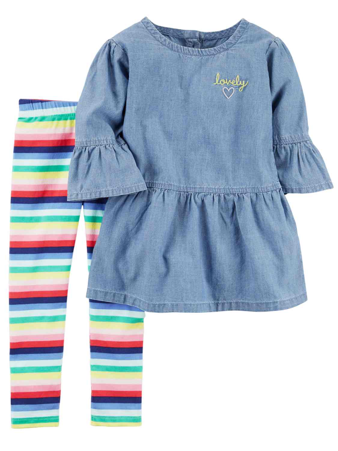Carter's Carters Little Girls Outfit Blue Chambray Shirt & Rainbow Striped Pants