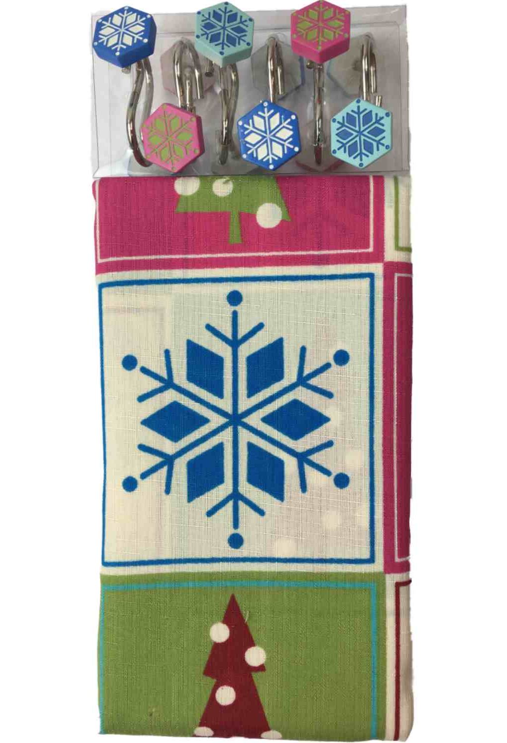 L G Sourcing Inc L G Christmas Patchwork Trees Snowflake Fabric Shower Curtain & Hook Holiday Set