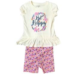 Toughskins Girls Outfit Be Happy Pink Glitter Shirt & Flower Short Outfit Set Medium