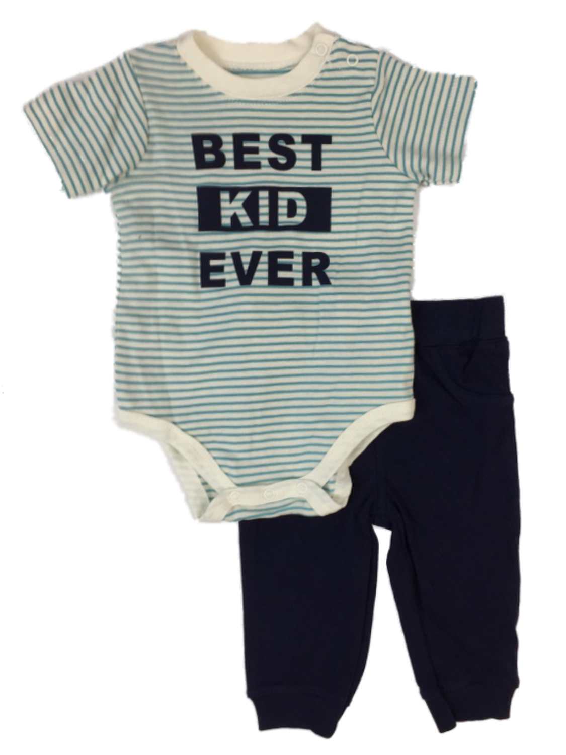 Little Wonders Infant Boys Best Kid Ever Baby Outfit Blue Stripe Bodysuit & Pants Set
