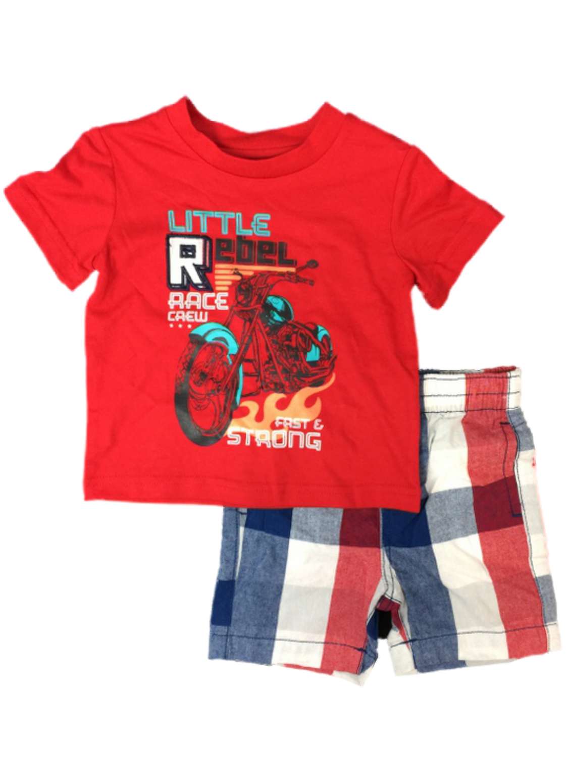 Toughskins Infant Boys Little Rebel Outfit Motorcycle Shirt & Plaid Shorts Set 12