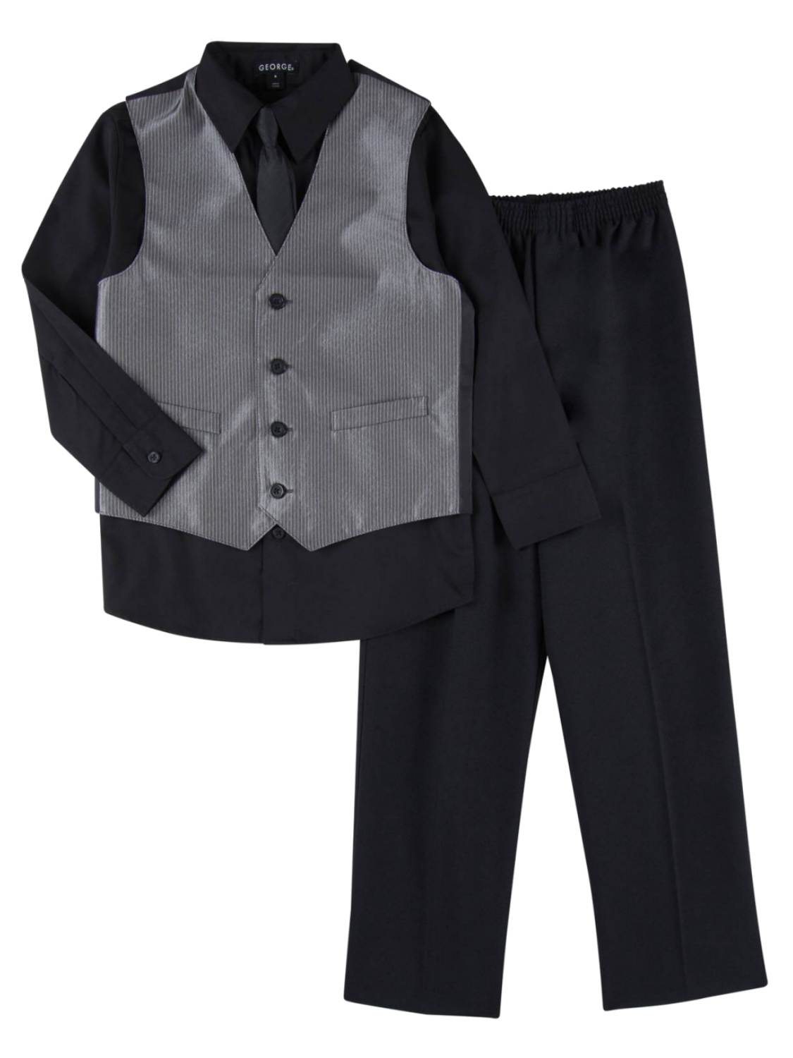 GEORGE Boys 4 Piece Suit Silver & Black Pin Stripe Dress Up Holiday Outfit Vest & Tie 4
