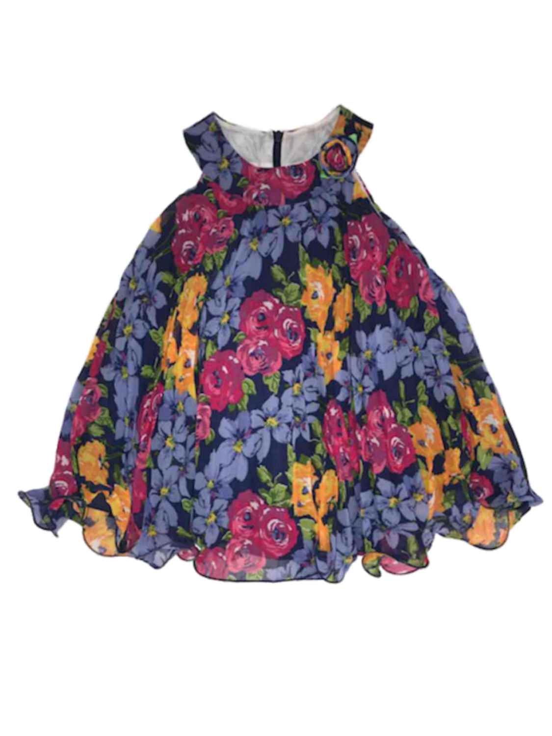 American Princess Infant Girls Navy Blue Colorful Flowers Floral Pleated Bell Baby Dress