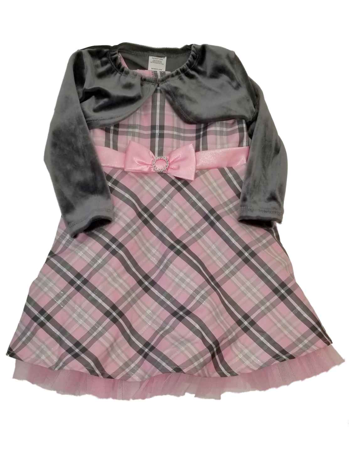 Youngland Infant Toddler Girls Pink Grey Plaid Christmas Holiday Party Dress 24M