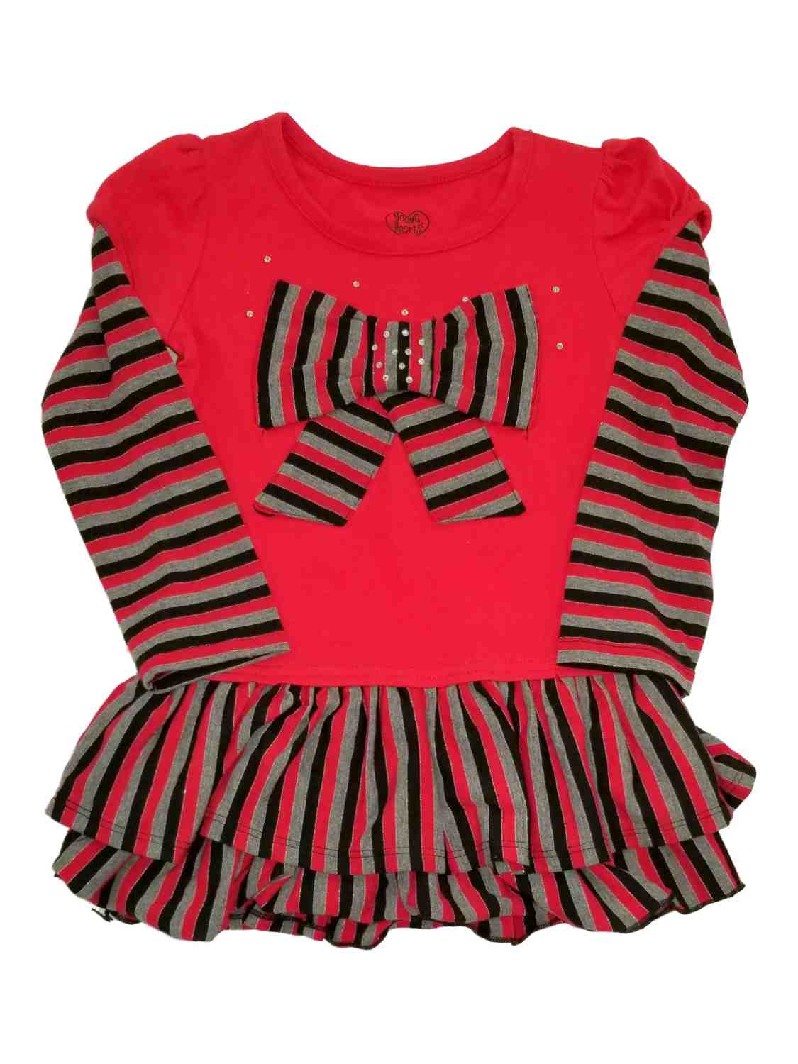 Young Hearts Infant Toddler Girls Red Stripe Bow Christmas Holiday Party Dress Black Grey 3T