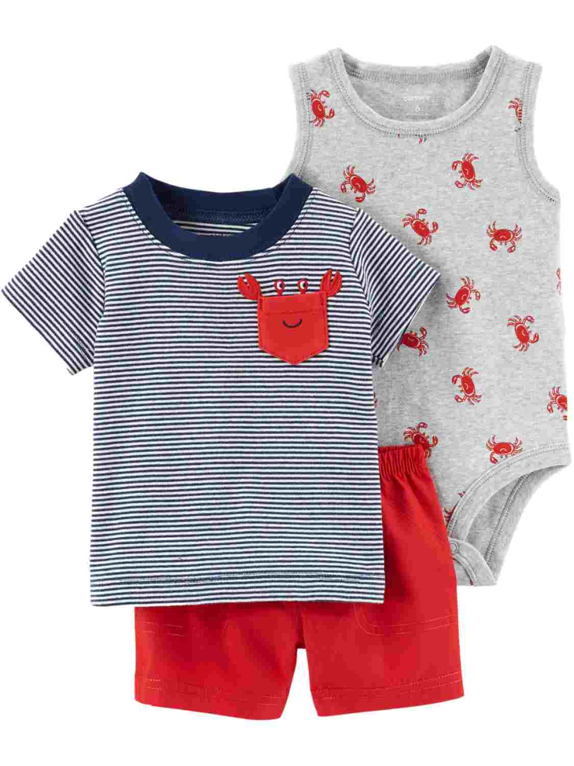 Carter's Carters Infant Boys 3pc Crab Baby Outfit Bodysuit Shirt & Red Shorts Set