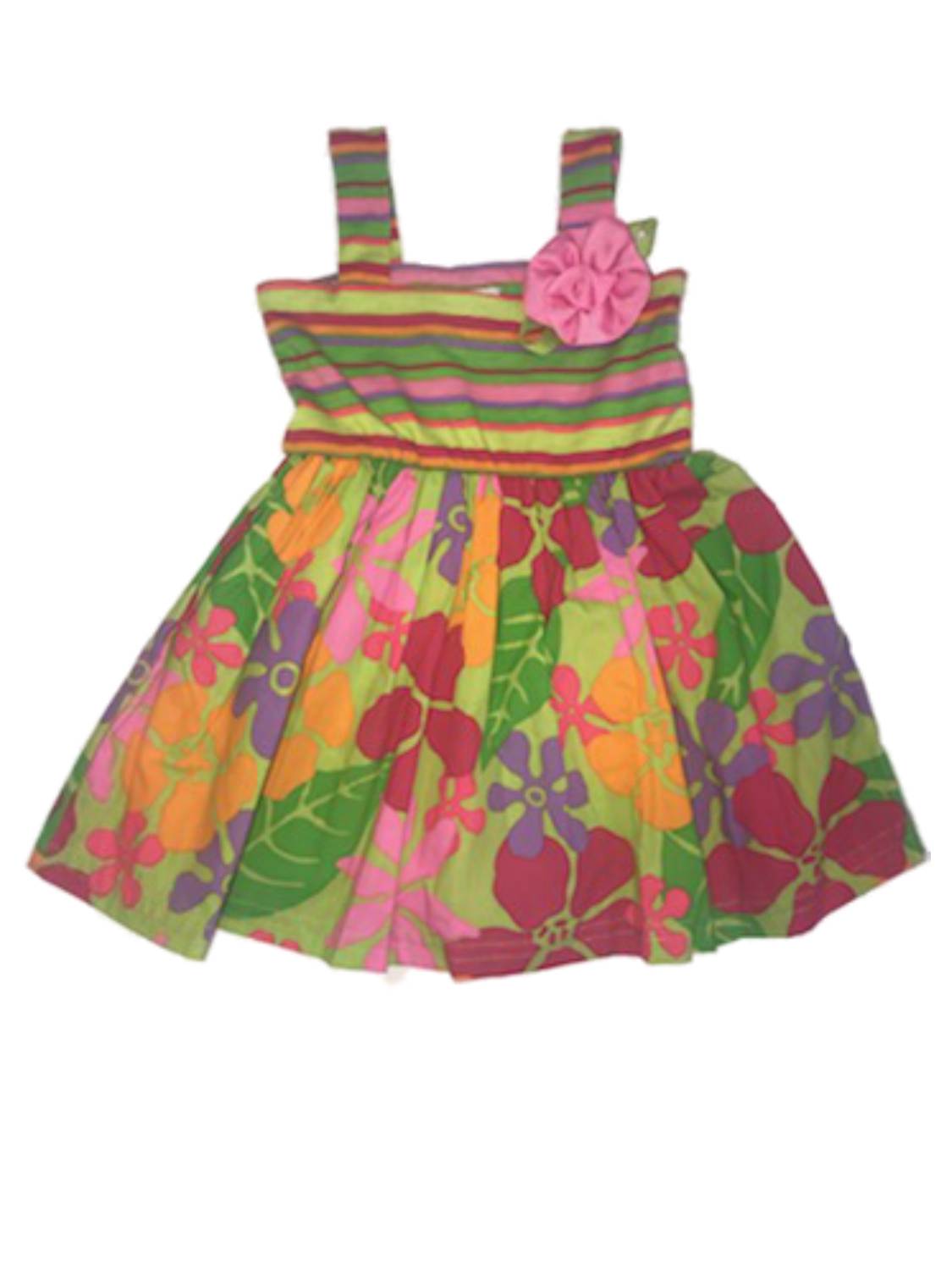 Youngland Infant Girls Green Flower & Stripes Sun Dress Floral Summer Dress 12M