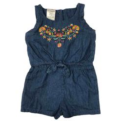 Toughskin Infant Girls Blue Denim Chambray Stitched Floral Romper Jumper Baby Outfit