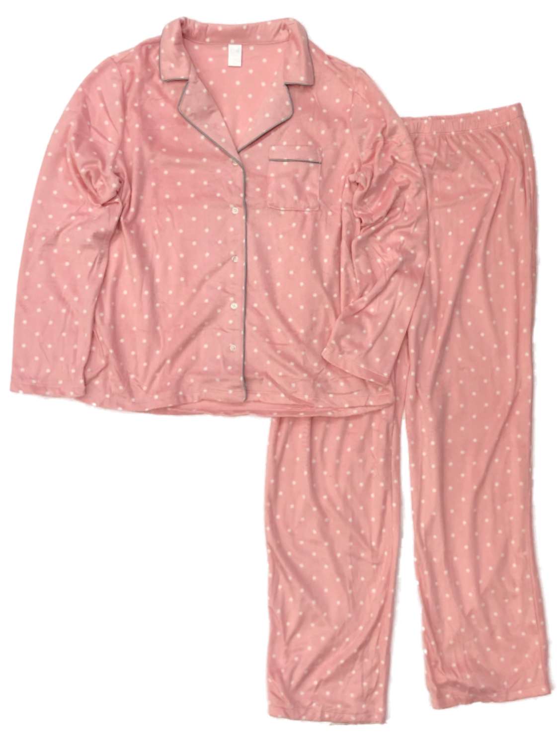 Adonna Womens Pink & White Polka Dot Fleece Pajamas Button Front Sleepwear Set
