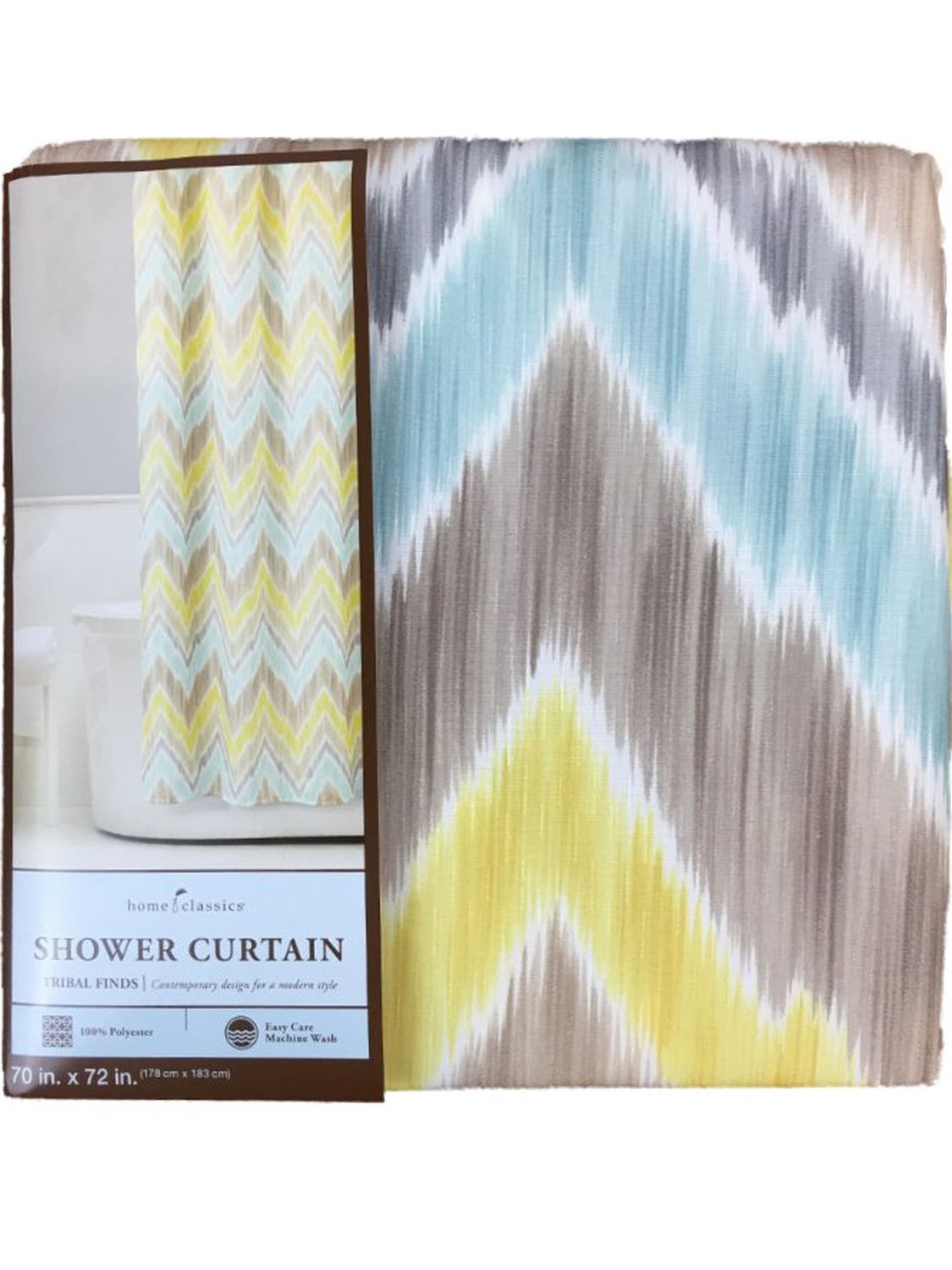 Home Classics Tribal Finds Fabric Shower Curtain Yellow Blue Chevron Bath Decor