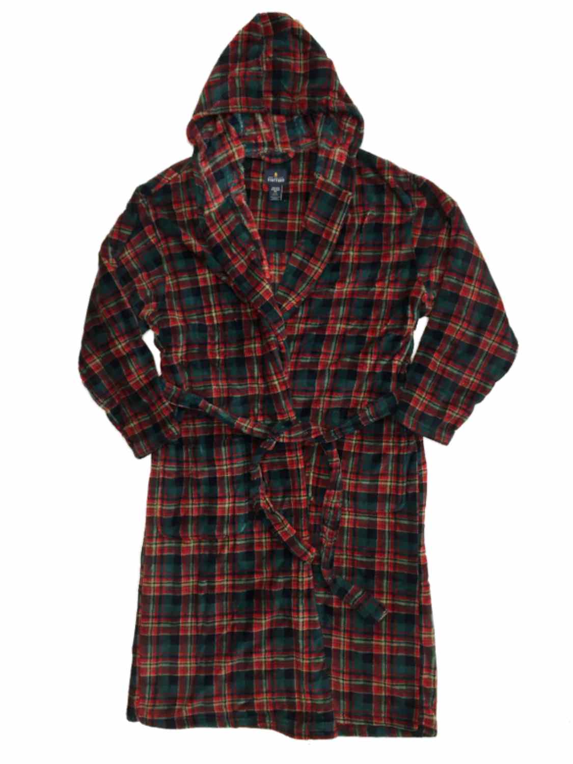 Stafford Mens Plush Red & Green Plaid Robe Hoodie Housecoat Bath Robe