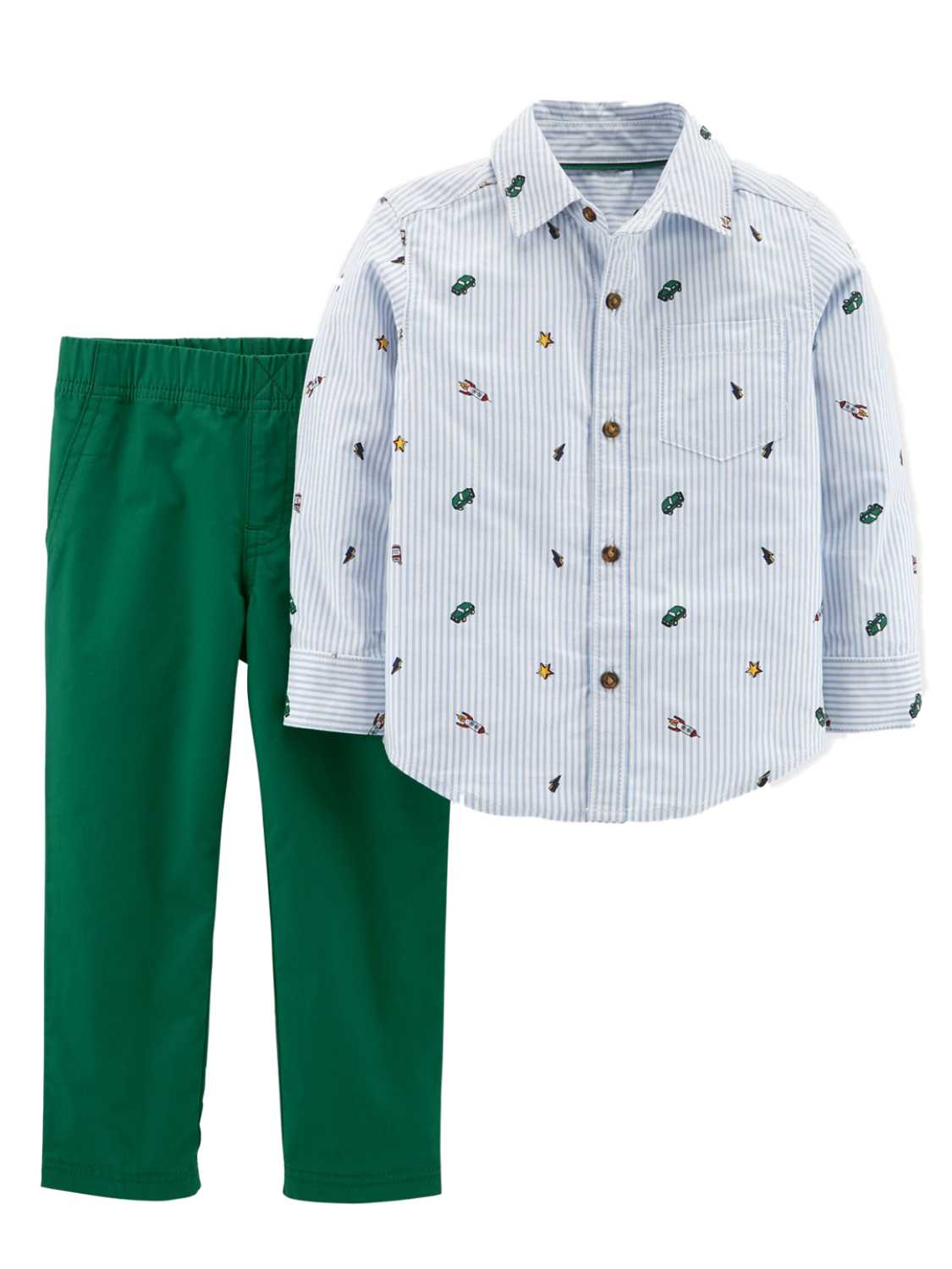 Carter's Carters Infant Boys Button Up Blue Striped Collared Shirt & Green Pants Set