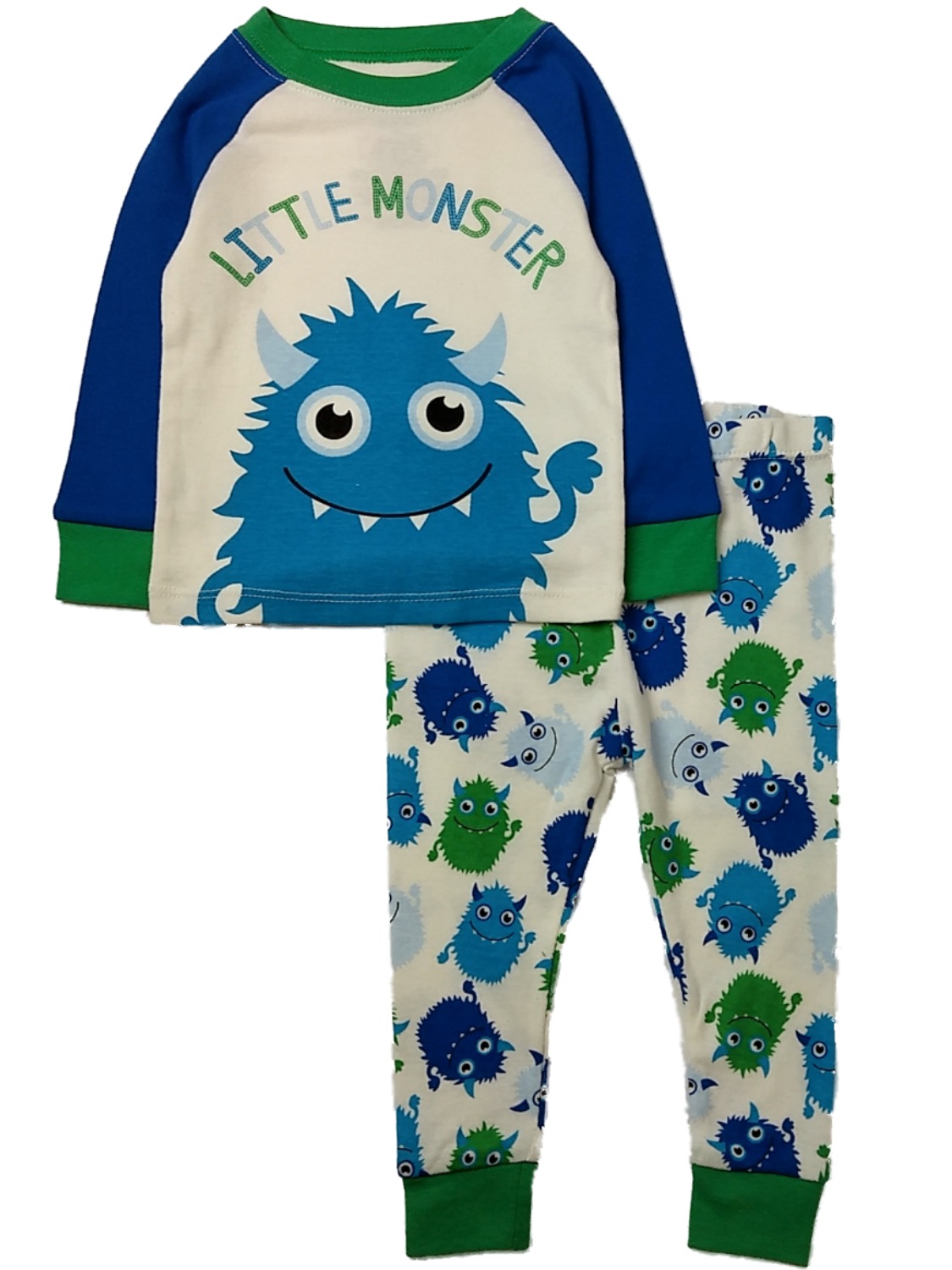 WonderNation Infant Boys White Little Monster Pajama Set Blue & Green Monsters Sleep Set12m