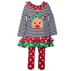 Bonnie Jean Toddler Girls Reindeer Holiday Outfit Ruffle Striped Shirt Polka Dot Leggings 2T