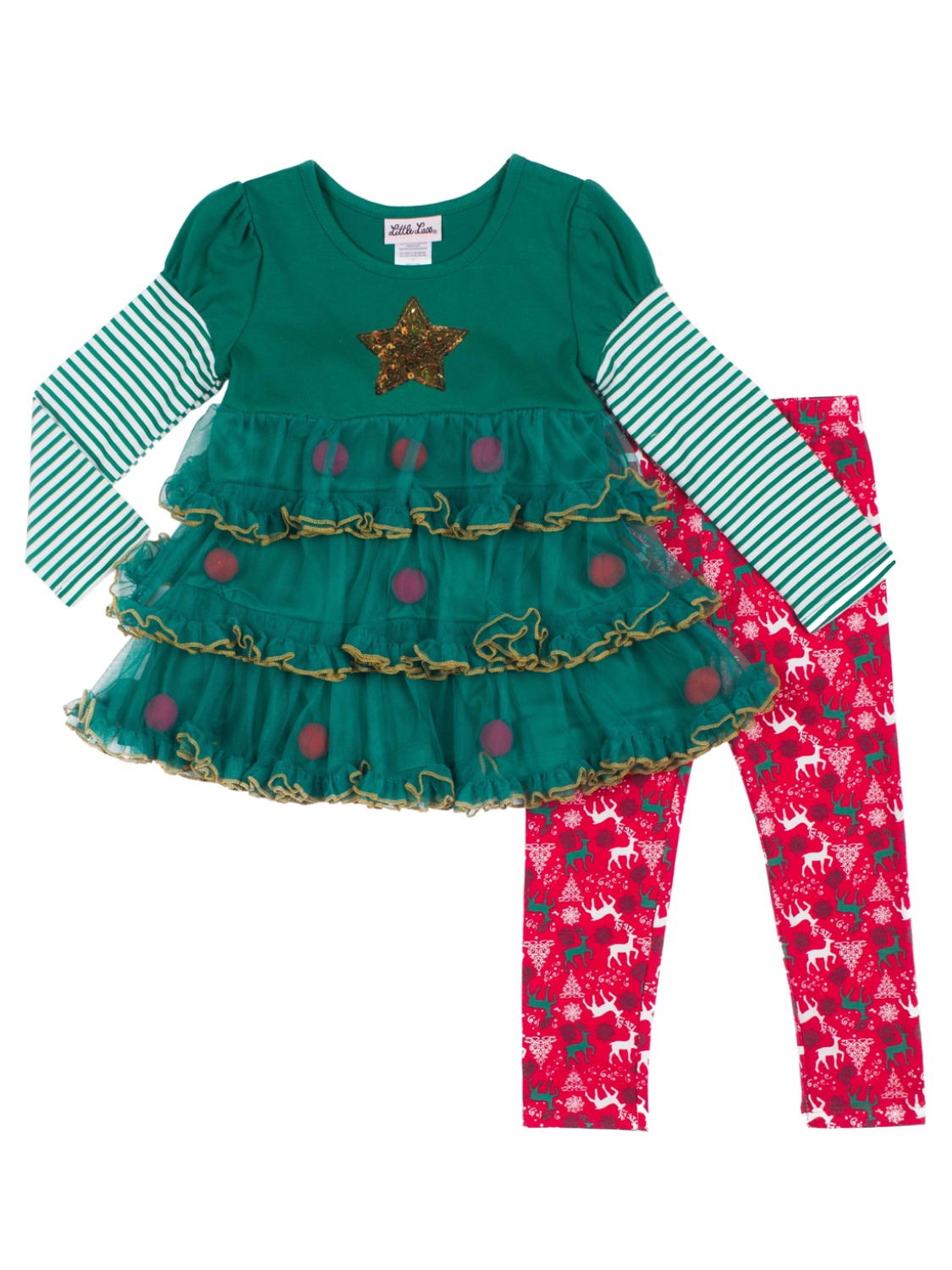 Little Lass Toddler Girls Green Red Christmas Tree Dress Shirt & Reindeer Legging Outfit