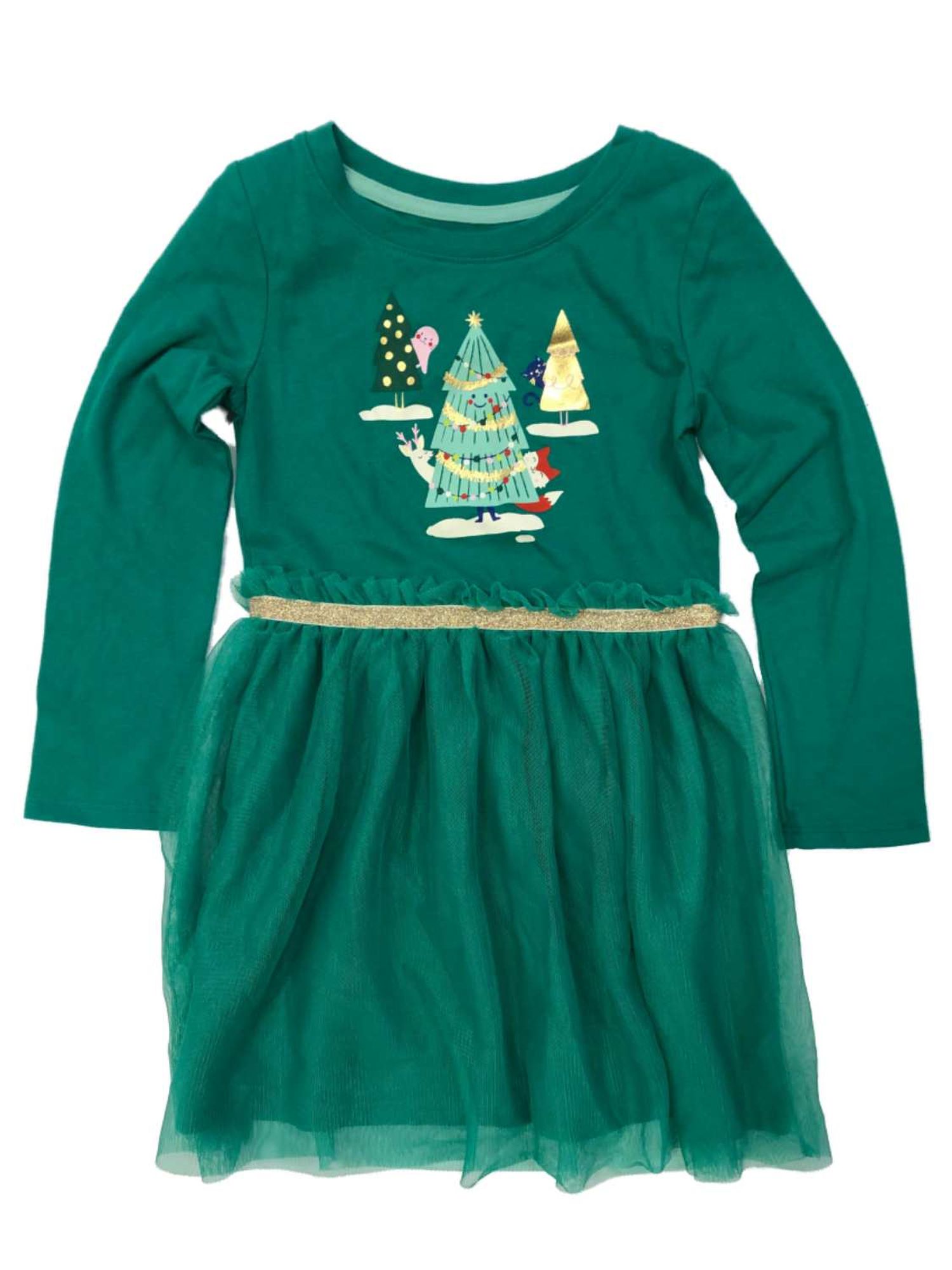 Cat & Jack Girls Green Christmas Tree Animals Tulle Holiday Dress Fox Reindeer & Cat Large, Girl's, Size: Large (10-12)