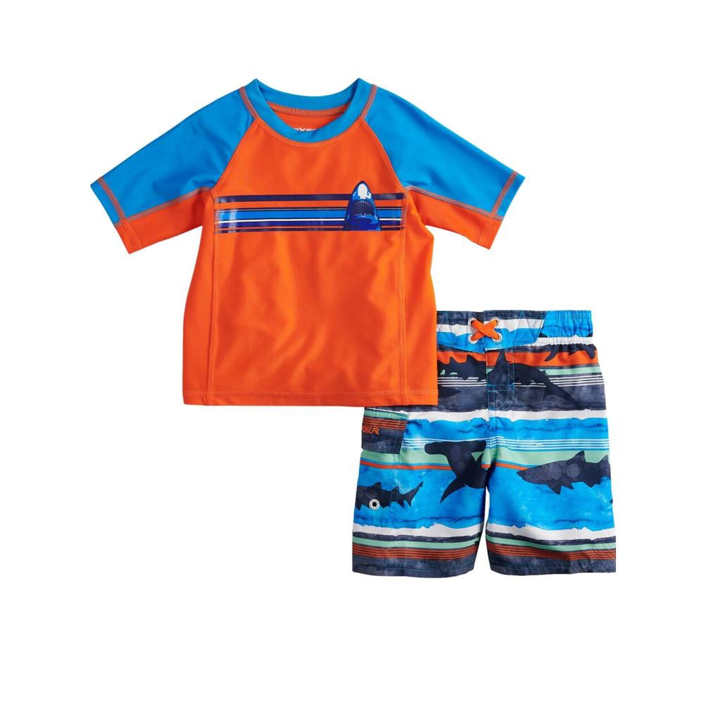 ZeroXposur Toddler Boys Orange & Blue Shark Rash Guard Shirt & Swim Trunks 2T