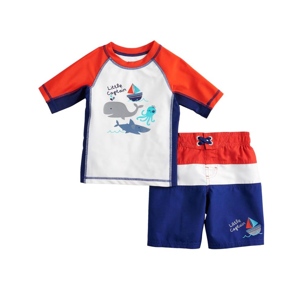 ZeroXposur Toddler Boys Little Captain Whale Rash Guard Shirt & Swim Trunks 2T