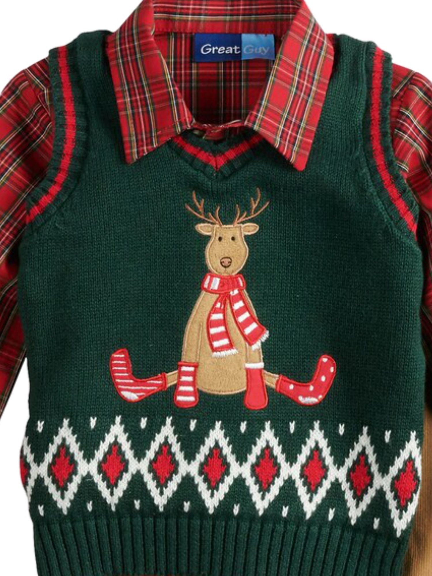 Great Guy Toddler Boys Holiday Reindeer Sweater Vest Plaid Shirt & Corduroy Pant Set