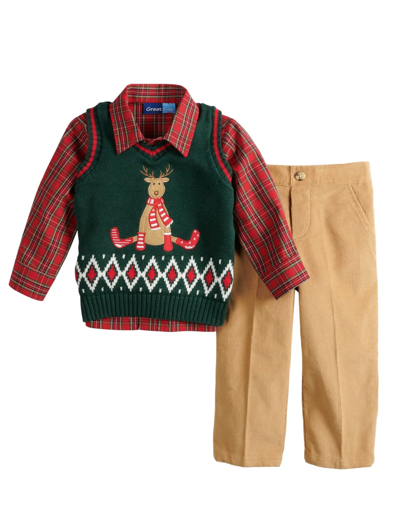 Great Guy Toddler Boys Holiday Reindeer Sweater Vest Plaid Shirt & Corduroy Pant Set