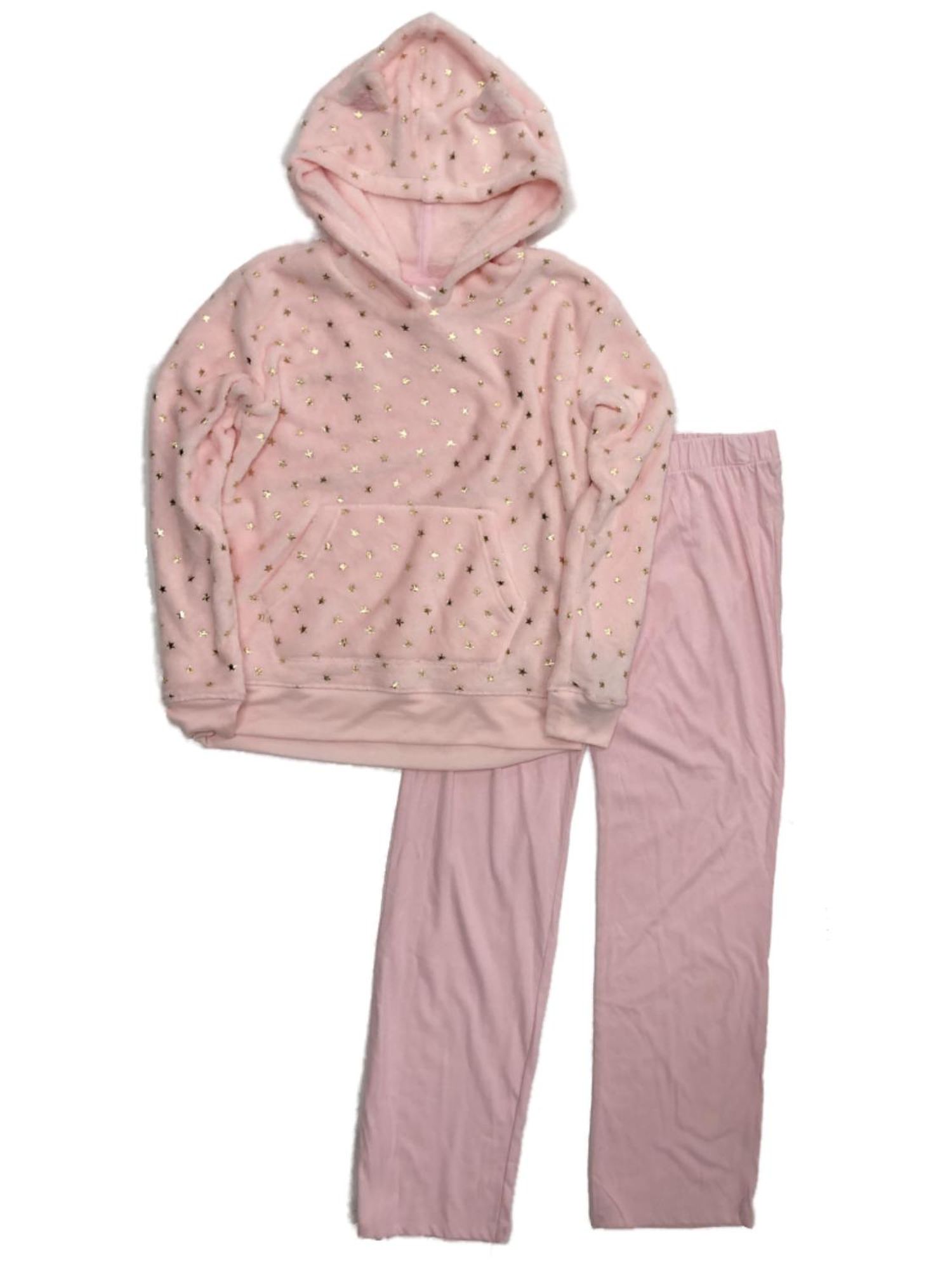 So Womens Plush Pink & Gold Foil Star Pajamas Fleece Hoodie & Kint Sleep Pants