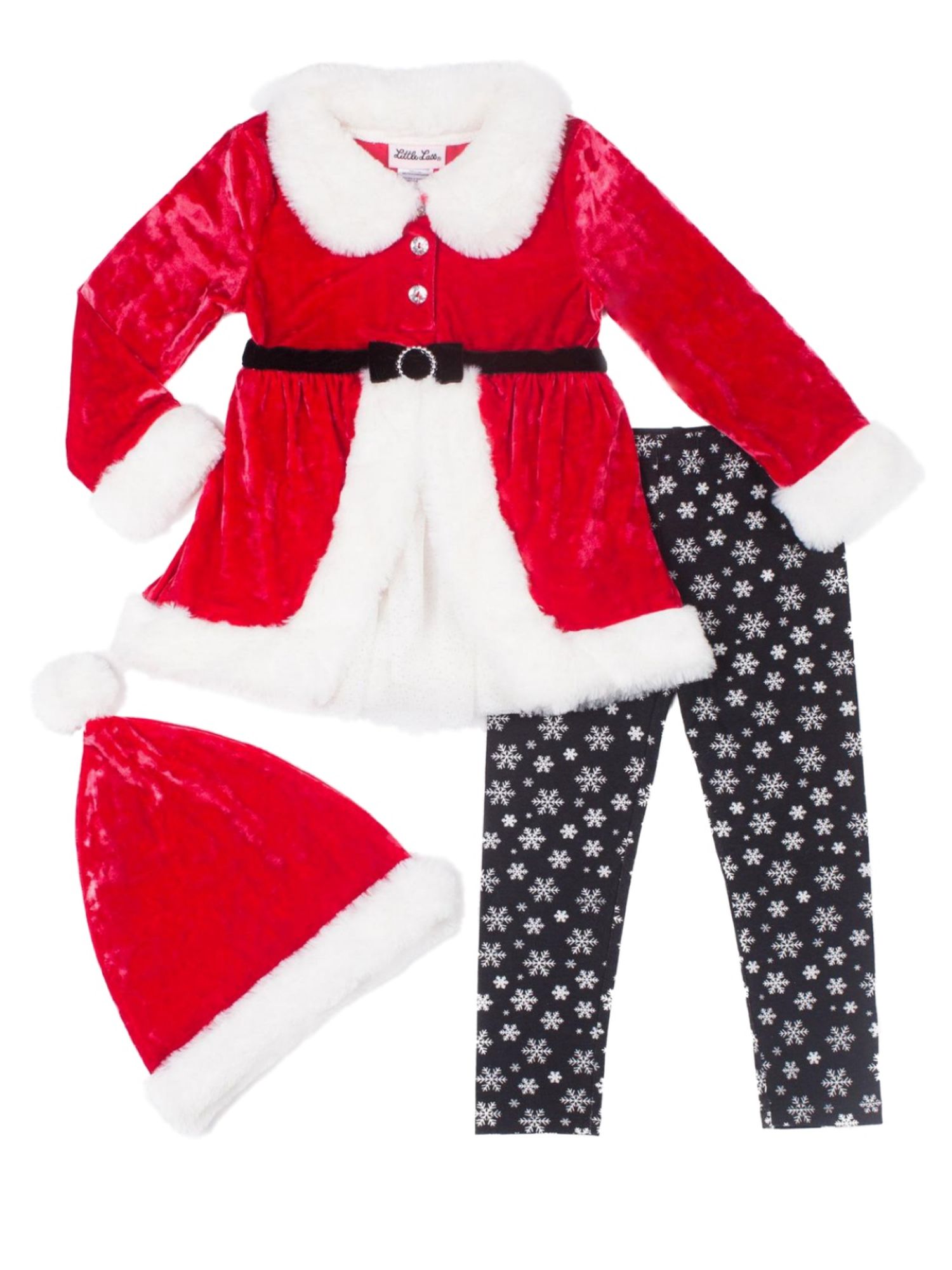 Little Lass Toddler Girls 3pc Red Velvet Christmas Santa Outfit Snowflake Leggings & Hat
