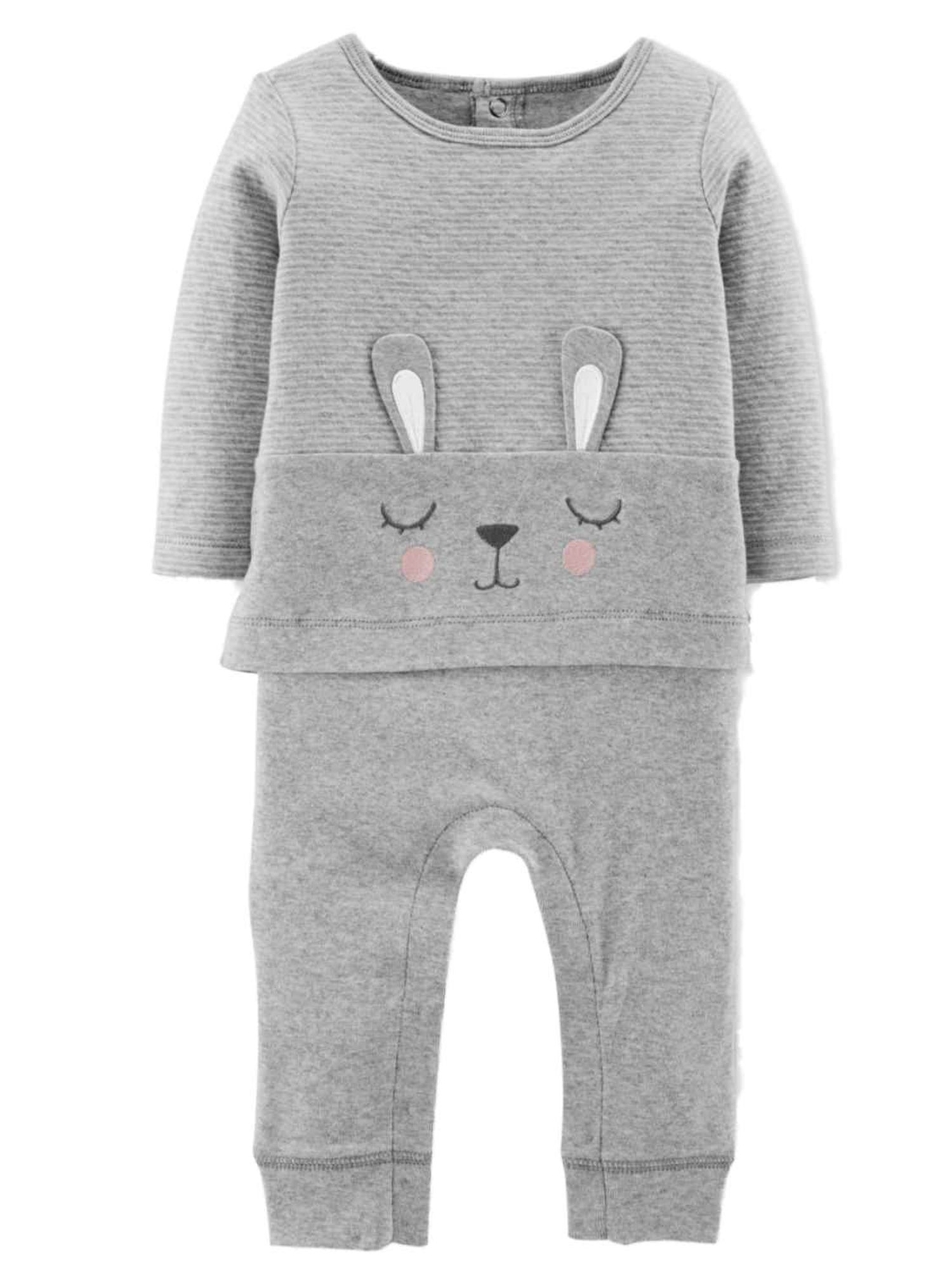 Carter's Carters Infant Girls Gray Striped Bunny Rabbit Mock-Layered Jumpsuit
