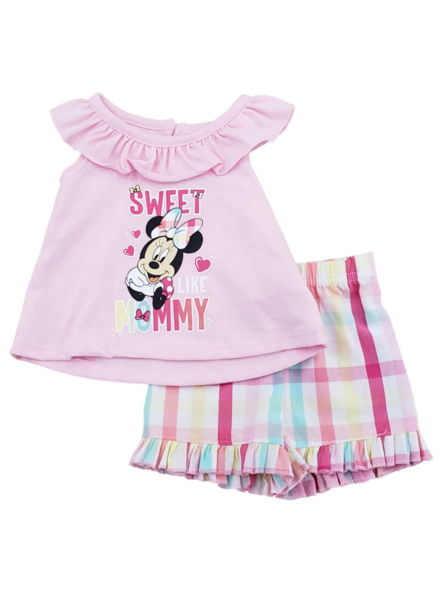Disney Infant Girls Pink Minnie Mouse Outfit Ruffled Shirt & Shorts Set NB