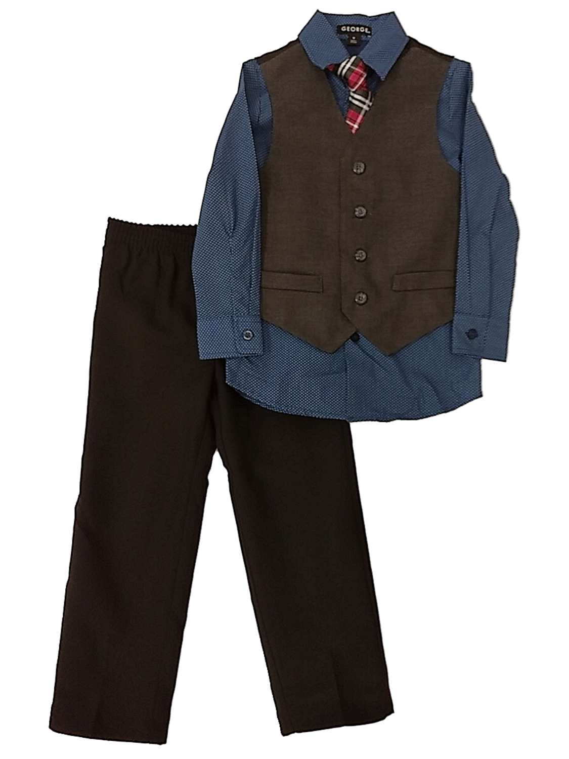 GEORGE Boys 4 Piece Suit Blue Polka Dot Shirt Black Pants Charcoal Vest & Tie Set 4