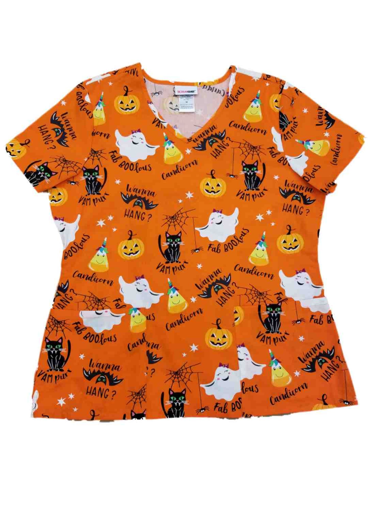 ScrubStar Womens Orange Faboolous Halloween Medical Smock Ghost & Cat Scrubs Shirt