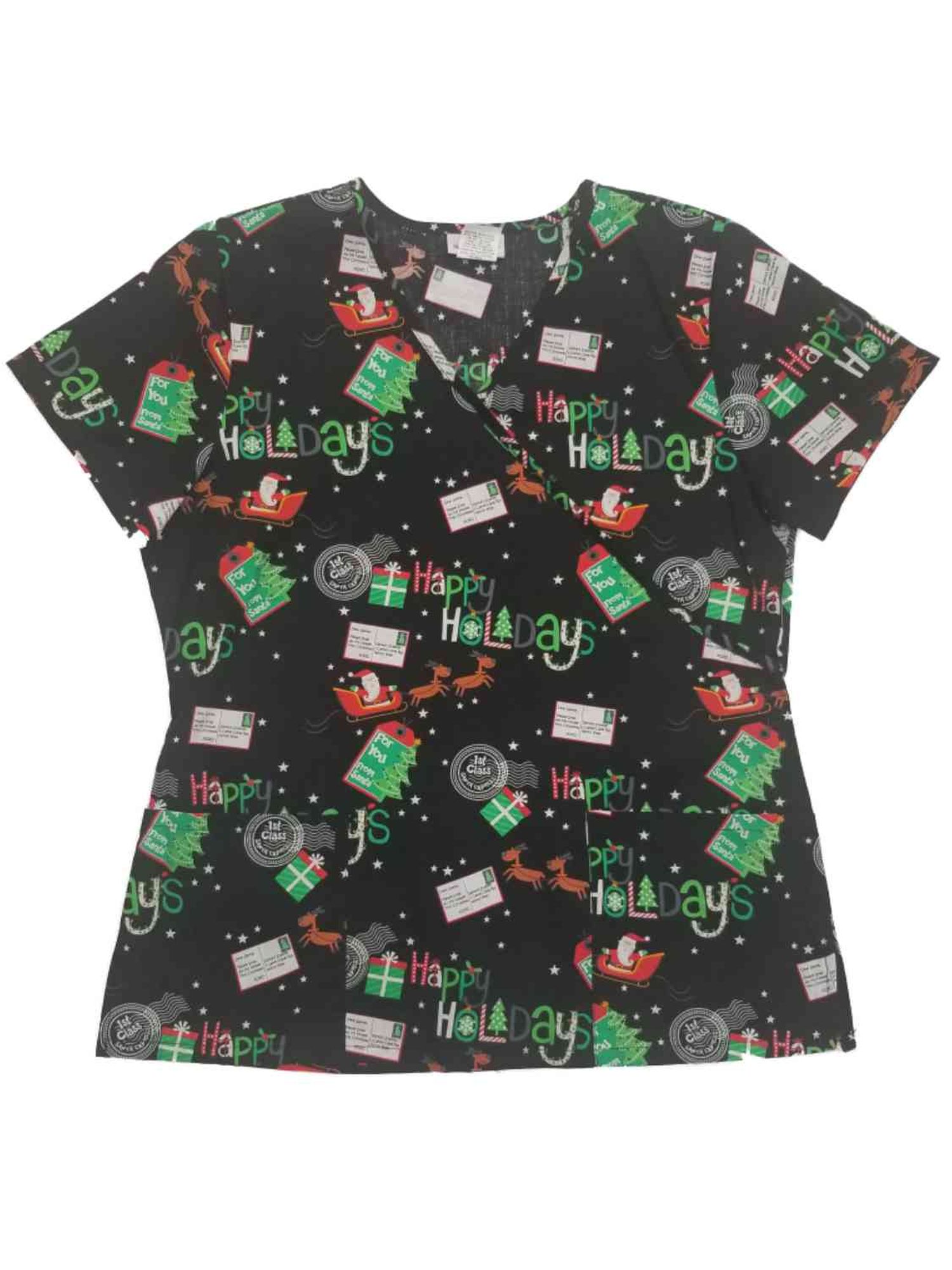ScrubStar Womens Black Santa Claus Medical Smock Happy Holidays Christmas Scrubs Shirt