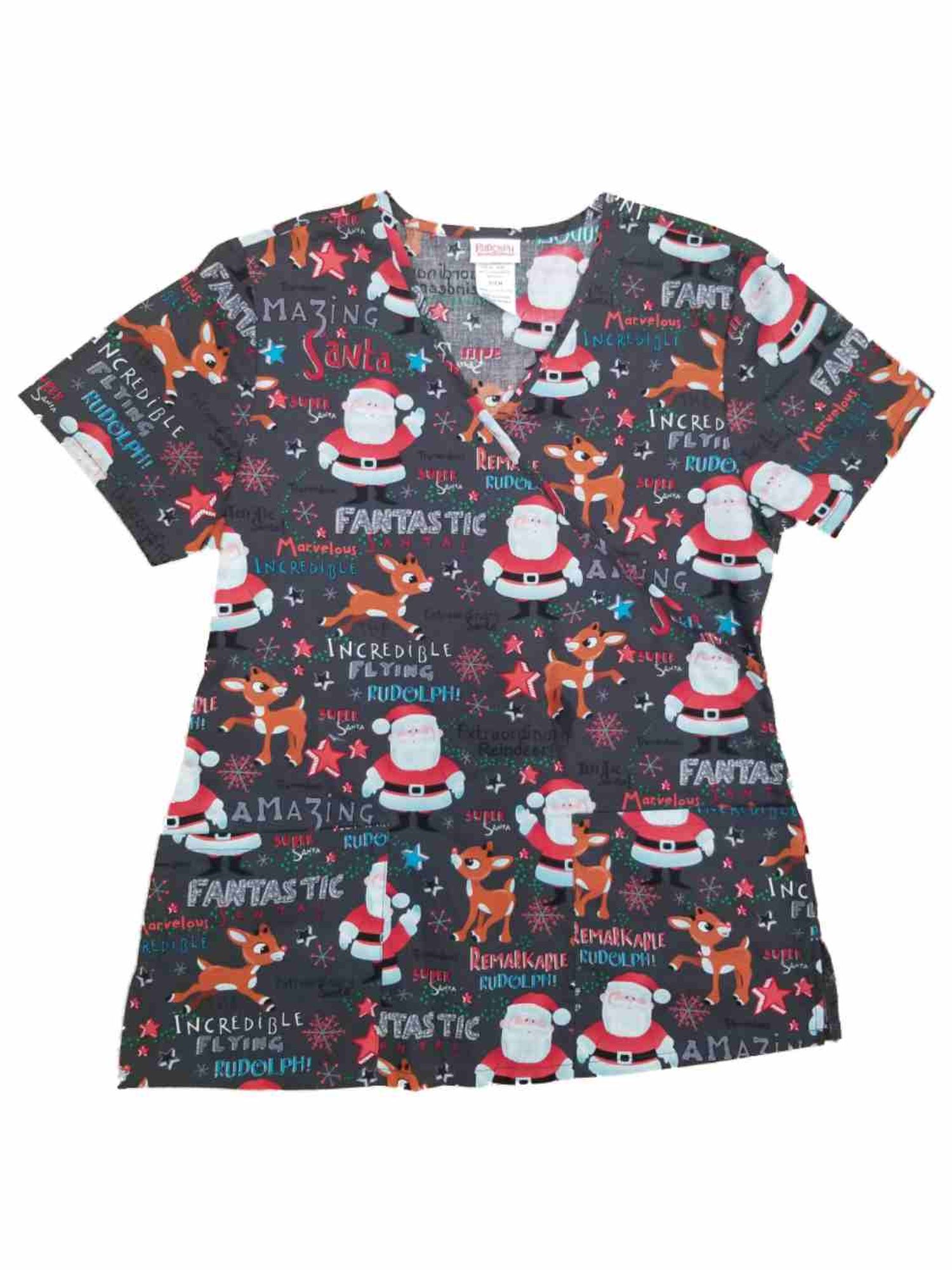 Rudolph Reindeer Womens Gray Reindeer & Santa Christmas Holiday Scrubs Top