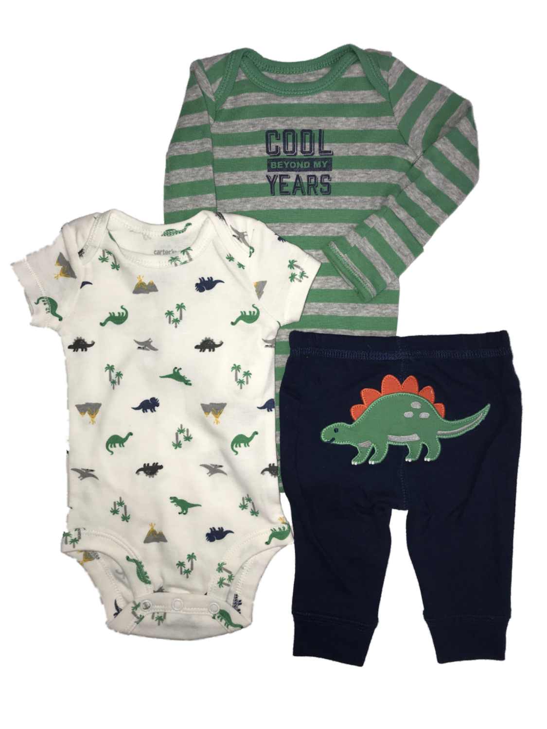Carter's Carters Infant Boys 3 Piece Green Striped & Dinosaur Baby Bodysuit Outfits NB