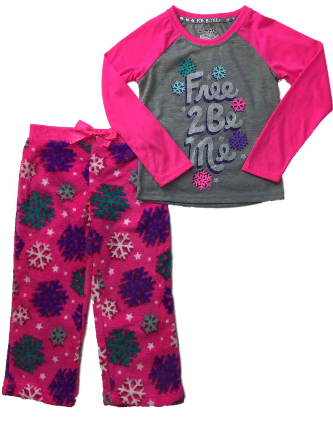 Joe Boxer Girls Pink Free To Be Me Glitter Snowflakes Pajamas Fuzzy Sleep Set XS 4-5