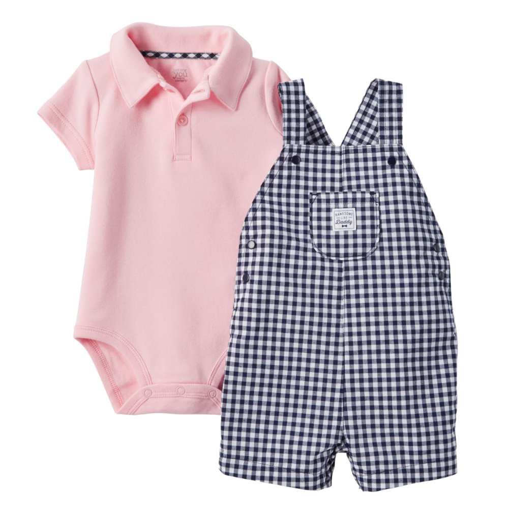 Carter's Carters Infant Boys 2-Piece Pink Bodysuit Navy Checkered Shortall Shorts Set 6m