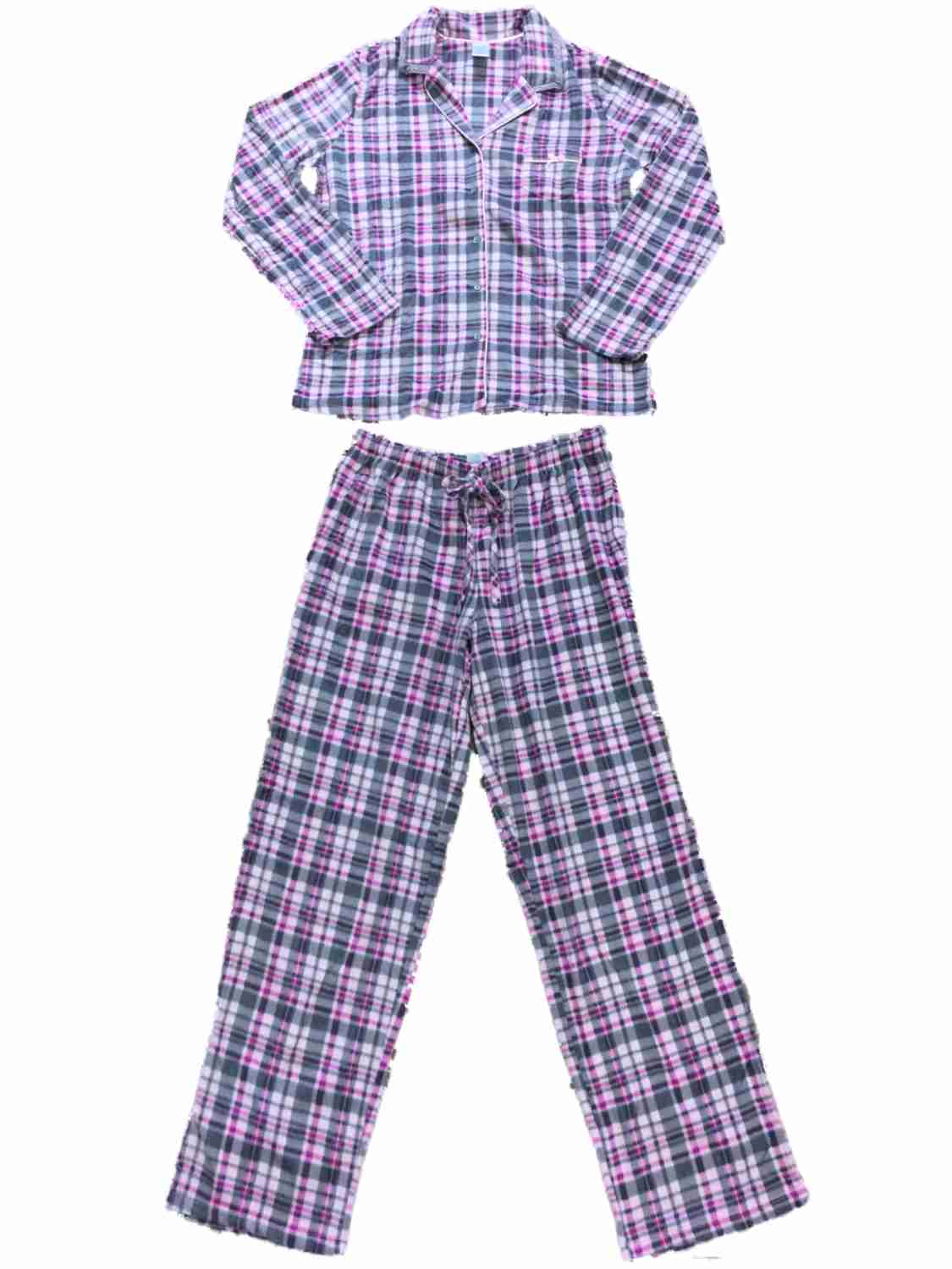 Adonna Womens Pink Purple Gray Plaid Fleece Pajamas Lace