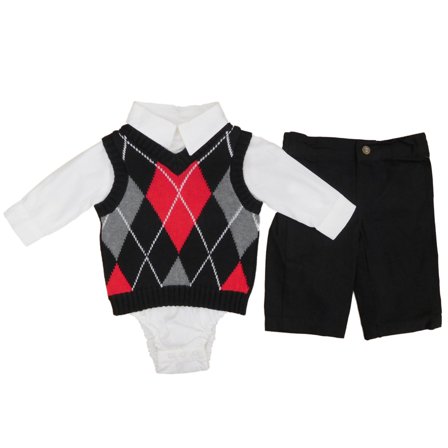 George Infant Boys 3 Piece Holiday Outfit Black Argyle Sweater Vest 6-9m