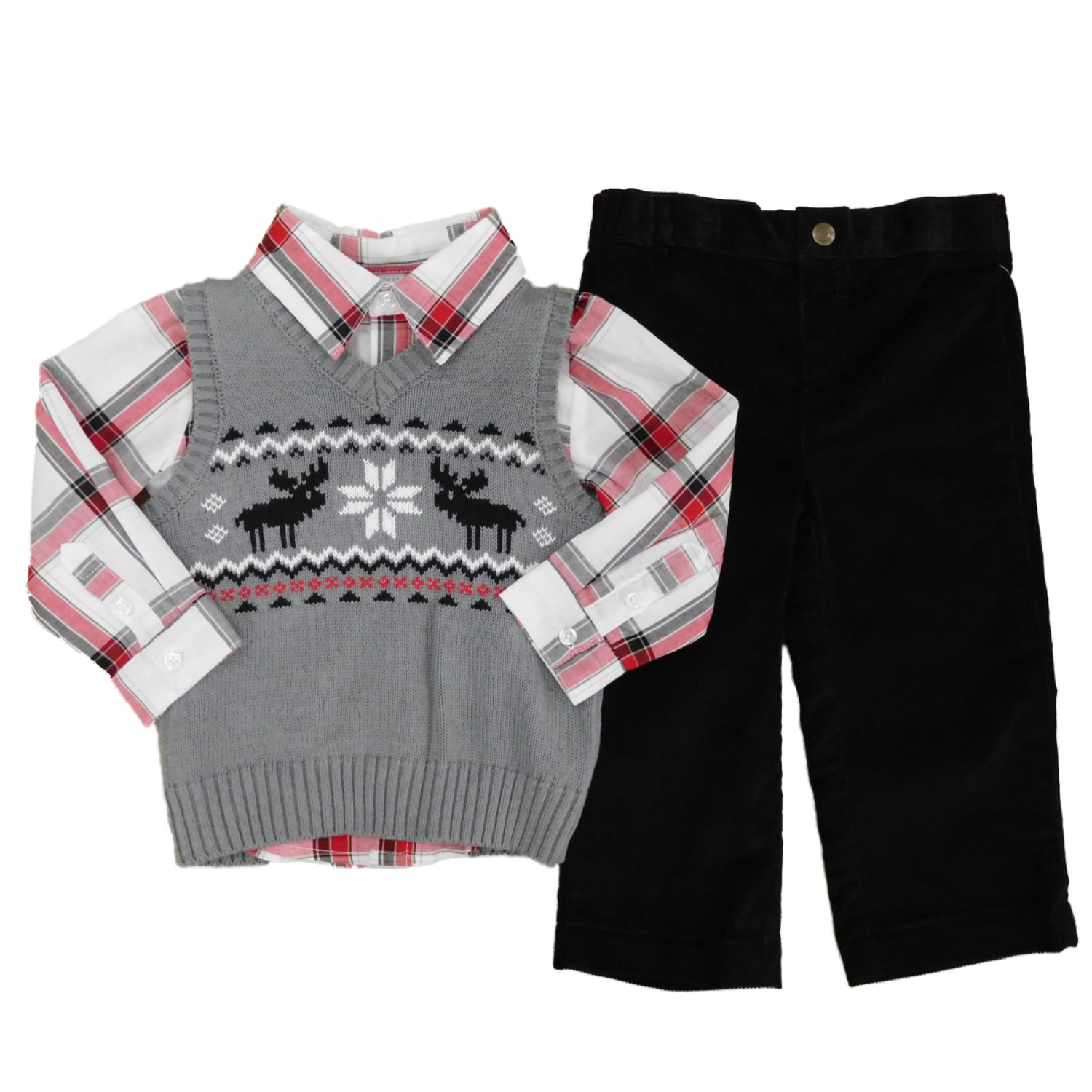 George Infant Boys 3P Holiday Outfit Gray Sweater Vest Shirt & Cord Pants