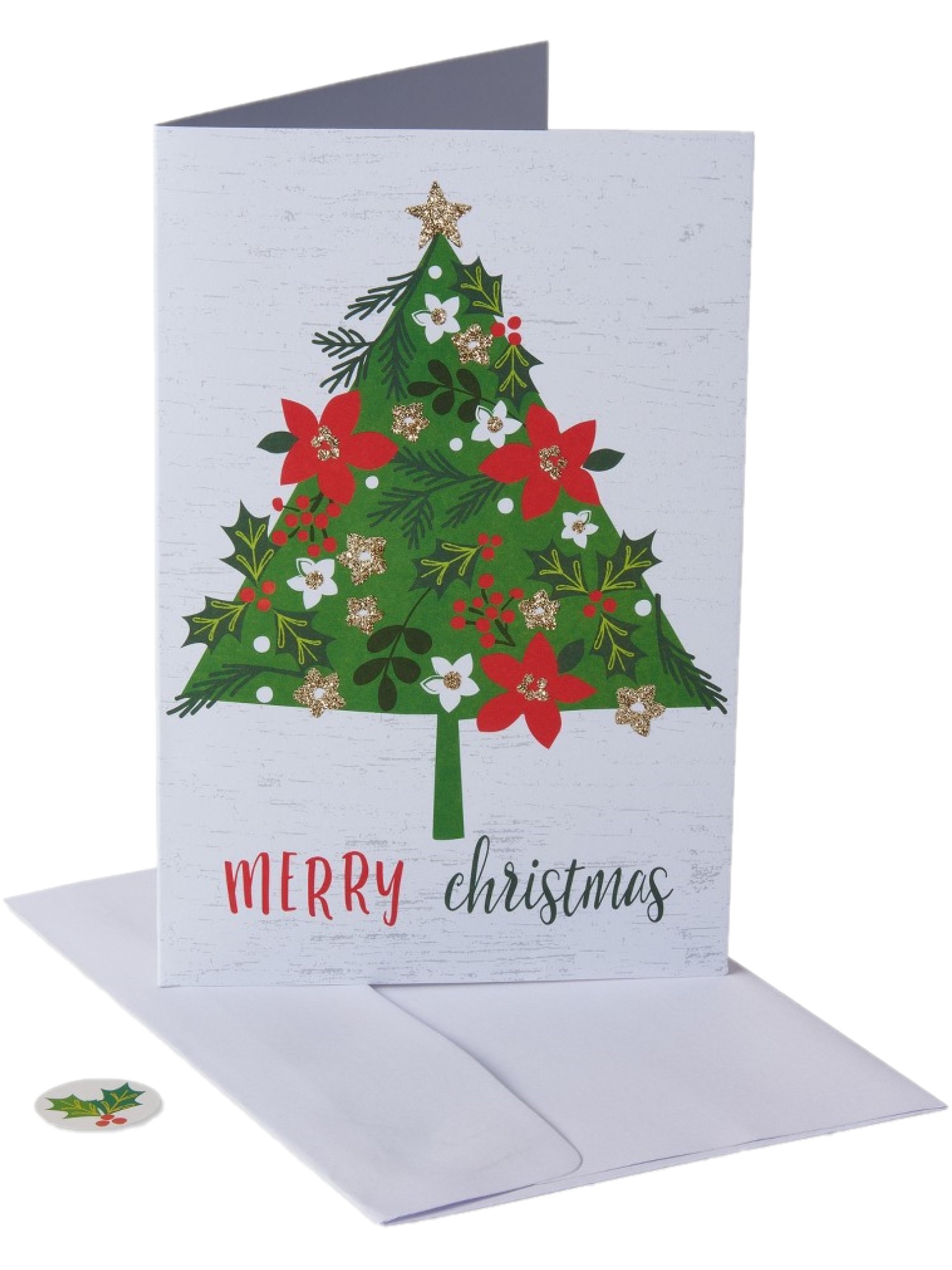 Carlton Cards 40 Count Glitter Floral Tree Merry Christmas Holiday Cards w/Envelopes & Seals