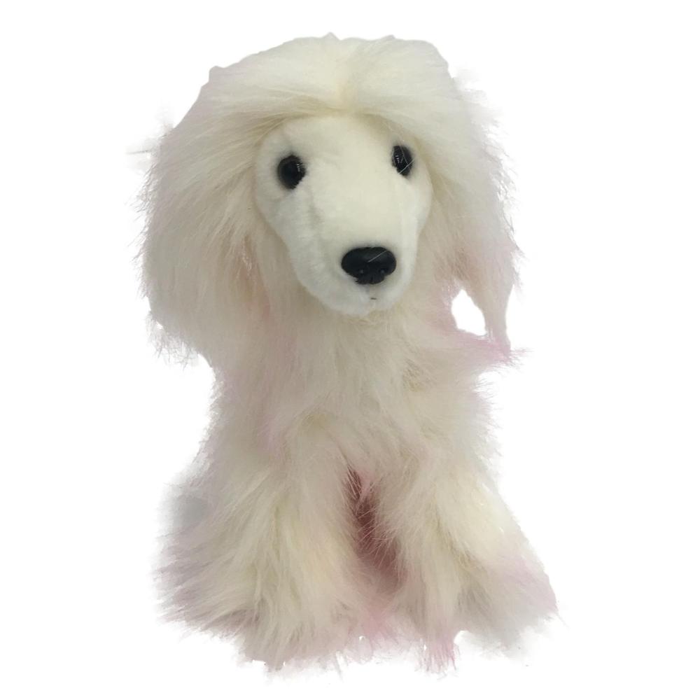 Luxe Long Fuzzy White & Pink Fur Afghan Hound Dog 10" Stuffed Animal Plush Pal