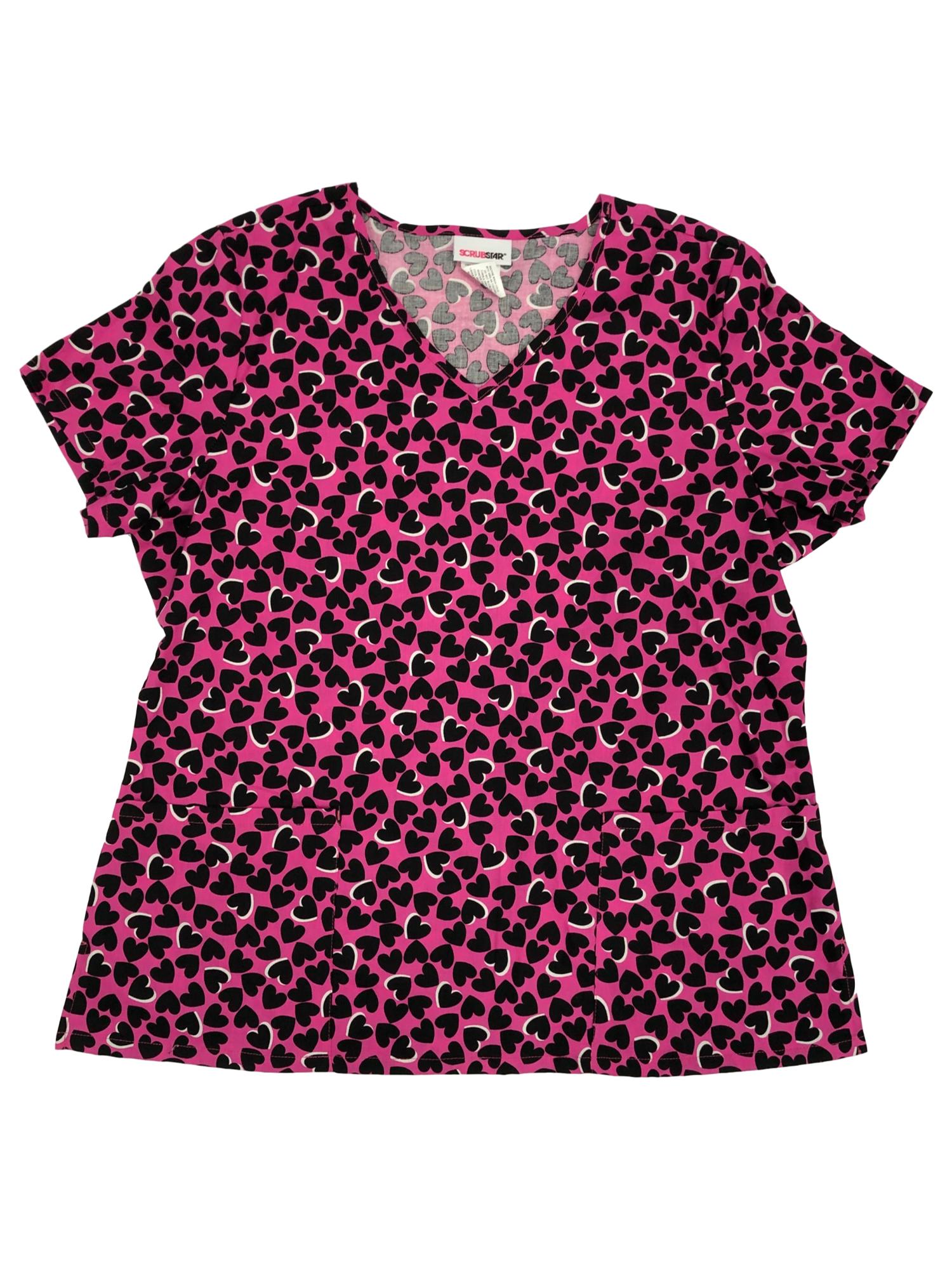 ScrubStar Womens Pink & Black Hearts Valentines Day Medical Smock Scrubs Shirt Top