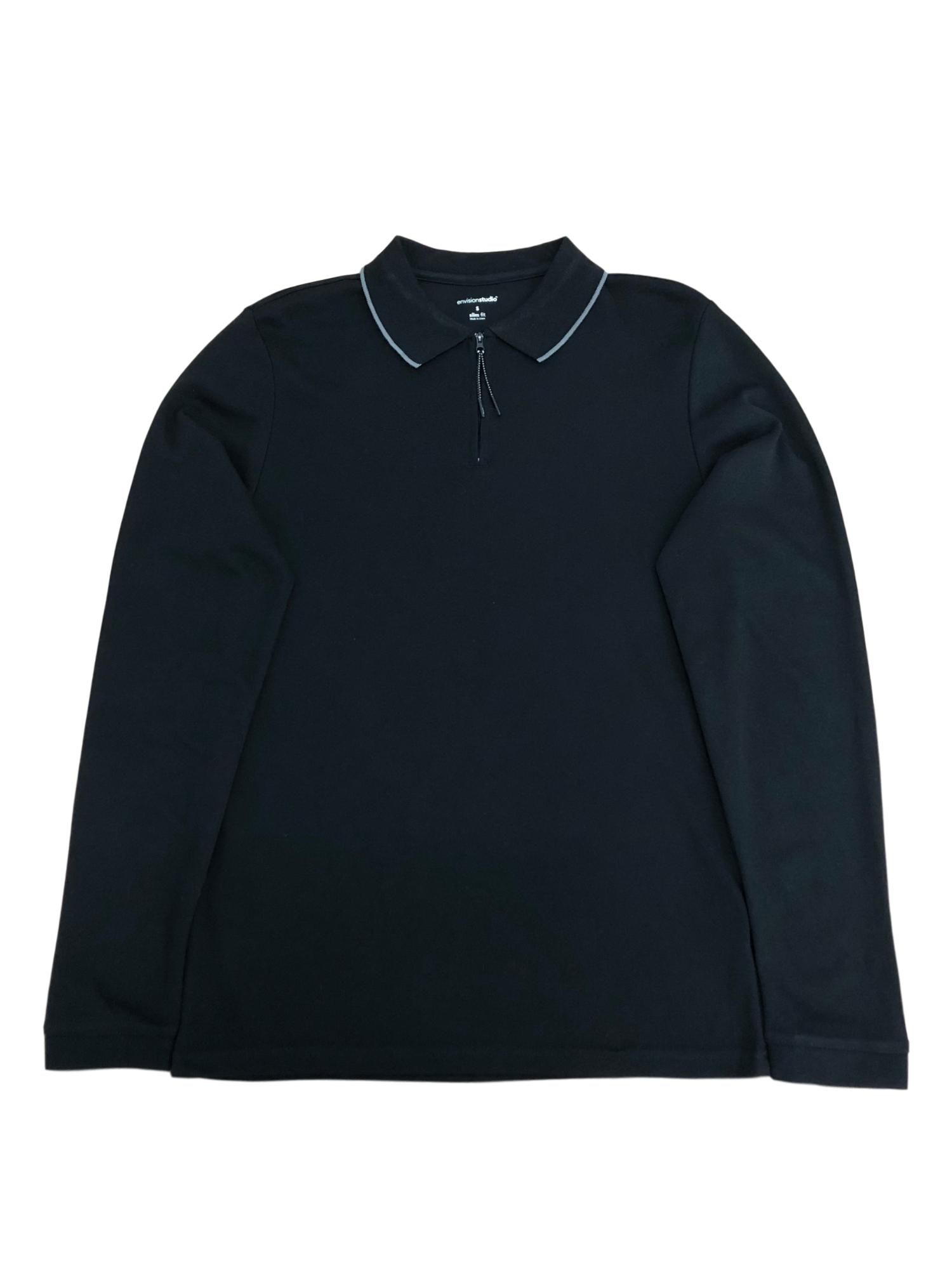 Envision Studio Mens Black Slim Fit Long Sleeve Zip Collar Polo Shirt