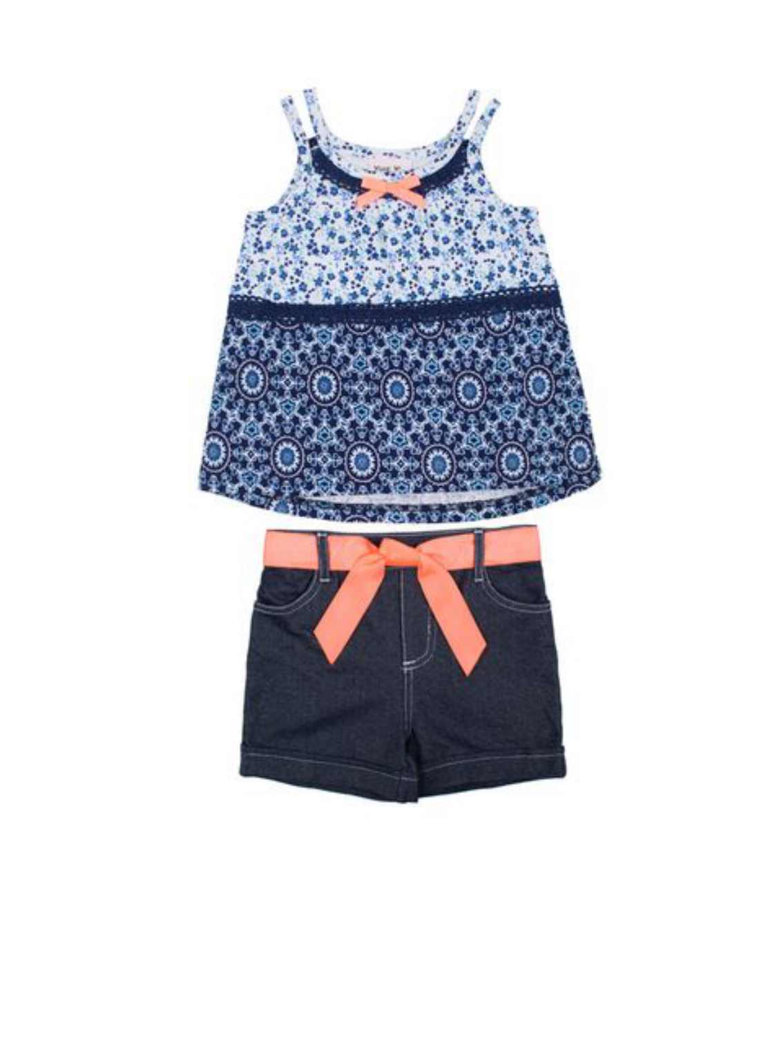 Little Lass Infant Girls Blue Floral Gauze Top & Knit Denim Shorts Set 12m