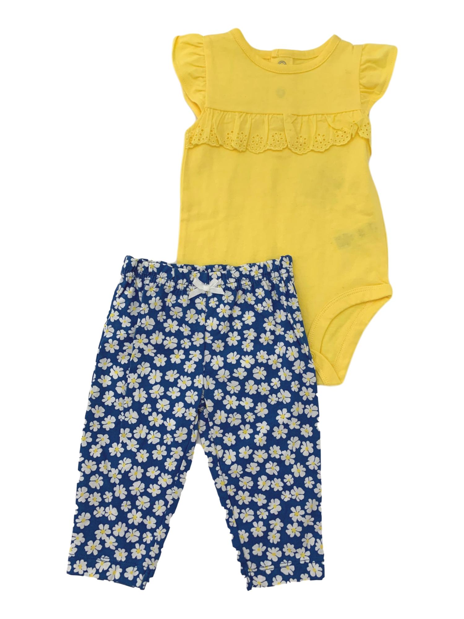 Carter's Carters Baby Girls Yellow Ruffle Bodysuit & Blue White Floral Leggings Set 6M